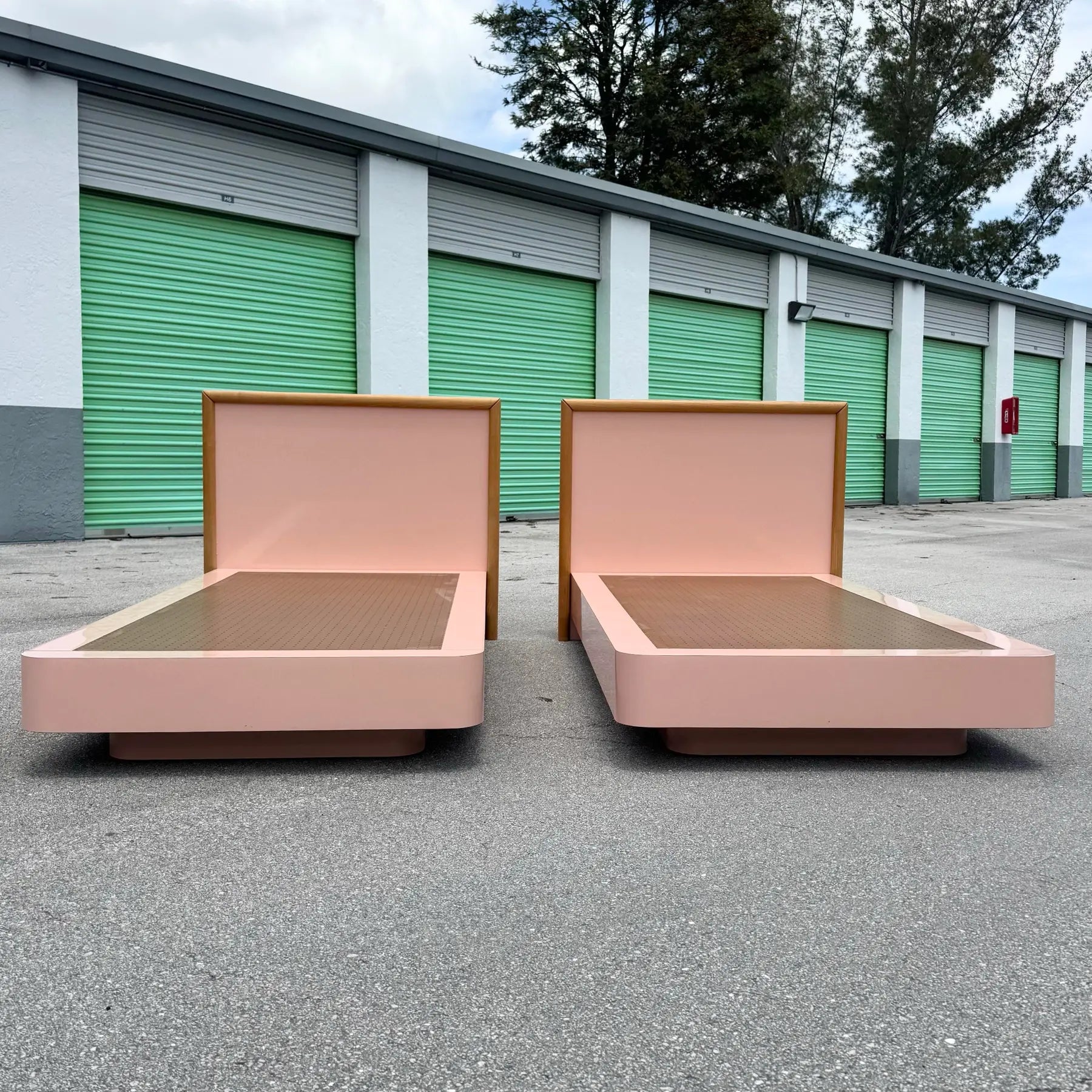 Postmodern Pink Gloss Laminate and Oak Twin Size Platform Beds - A Pair Dolphin & Flamingo