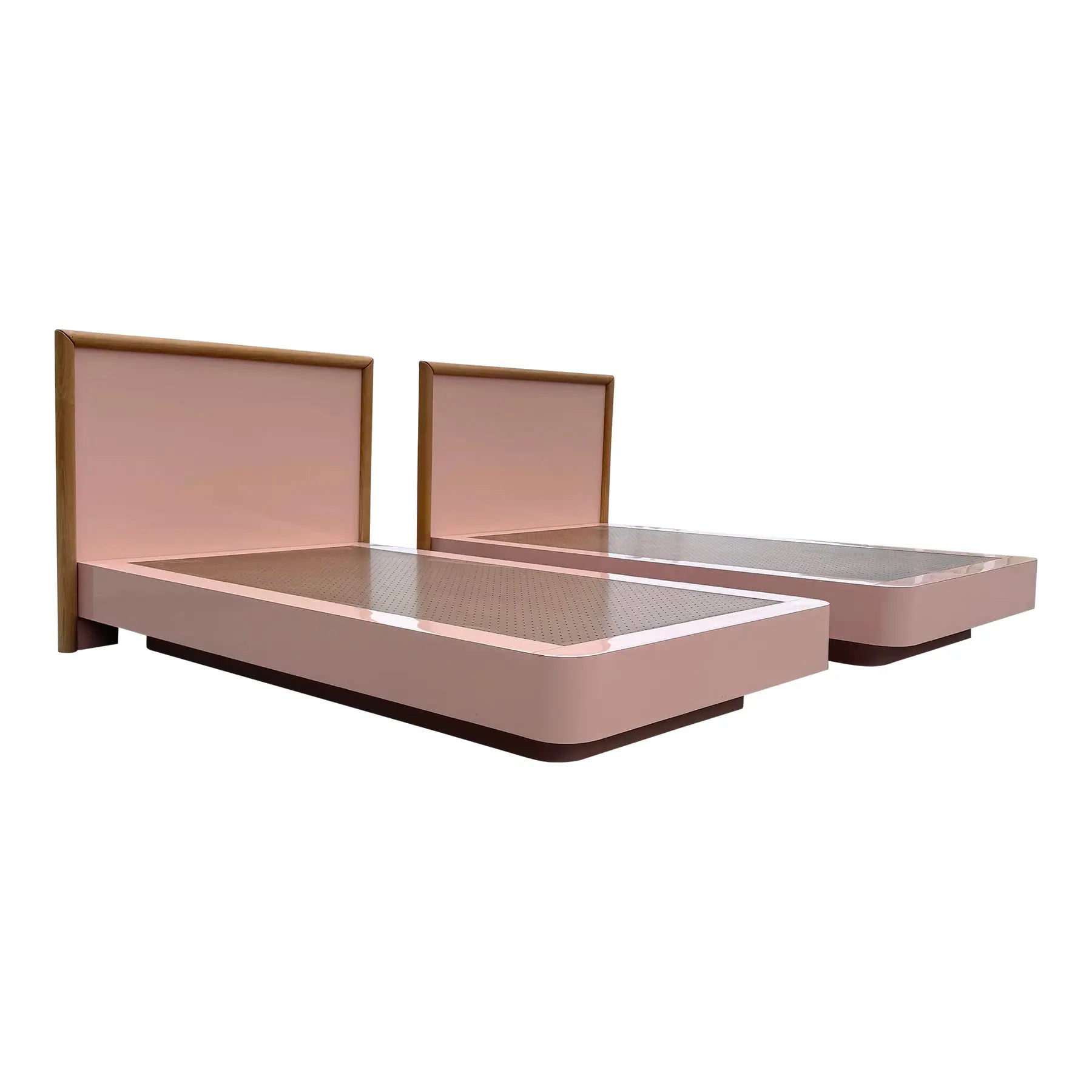 Postmodern Pink Gloss Laminate and Oak Twin Size Platform Beds - A Pair Dolphin & Flamingo