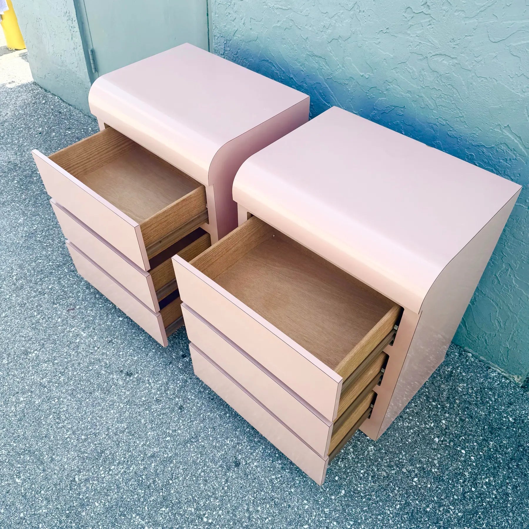 Postmodern Pink Gloss Laminate Waterfall Nightstands - A Pair Dolphin & Flamingo
