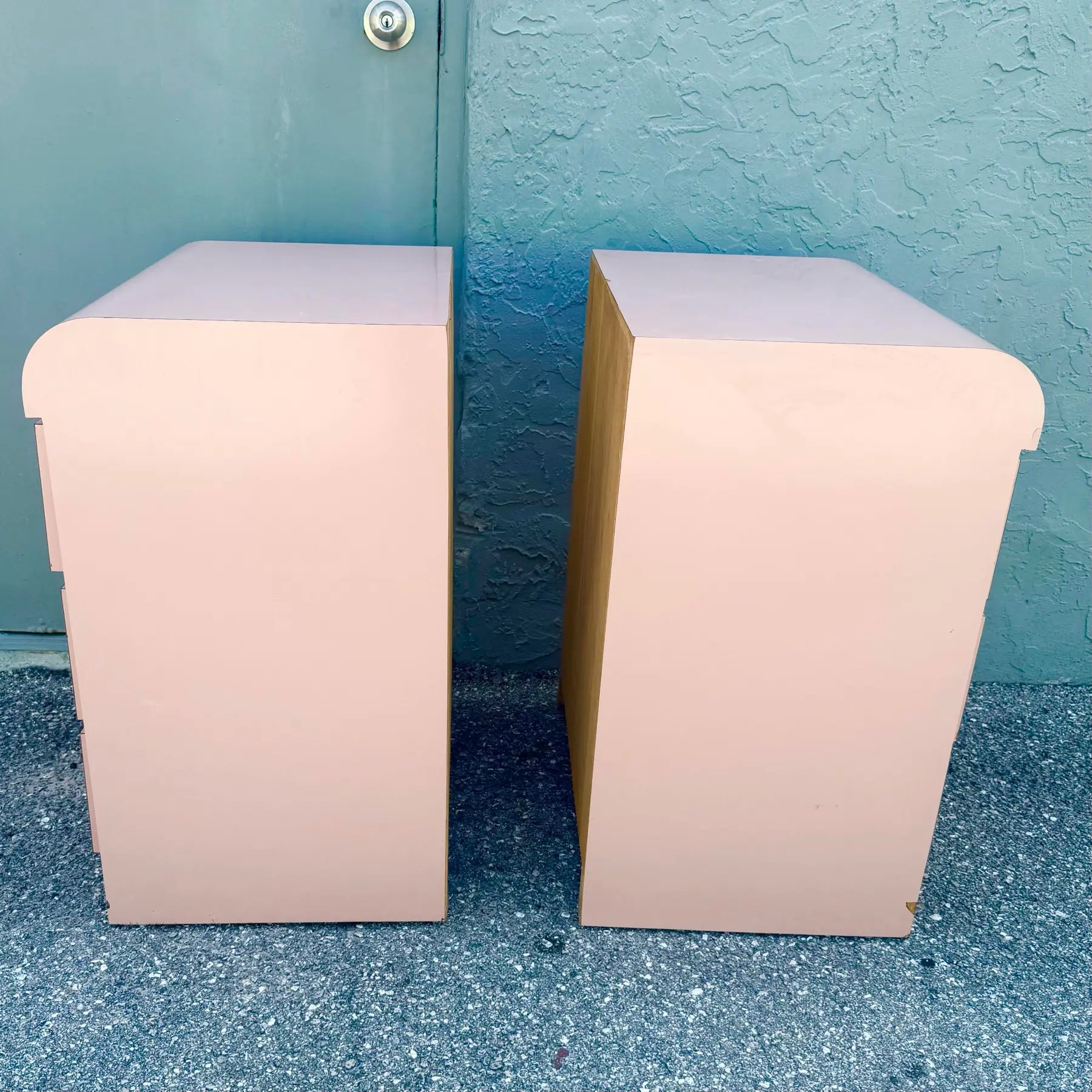 Postmodern Pink Gloss Laminate Waterfall Nightstands - A Pair Dolphin & Flamingo