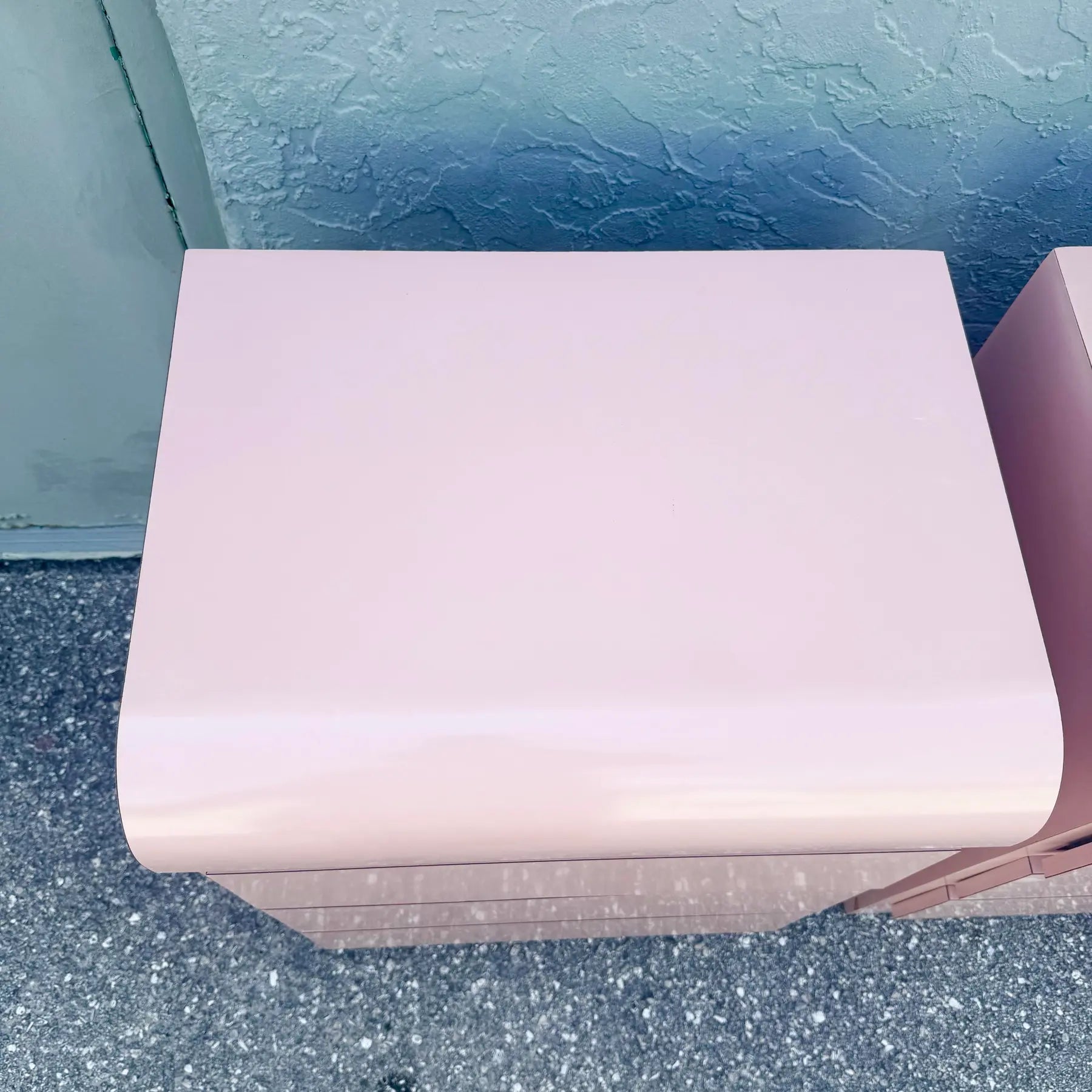 Postmodern Pink Gloss Laminate Waterfall Nightstands - A Pair Dolphin & Flamingo