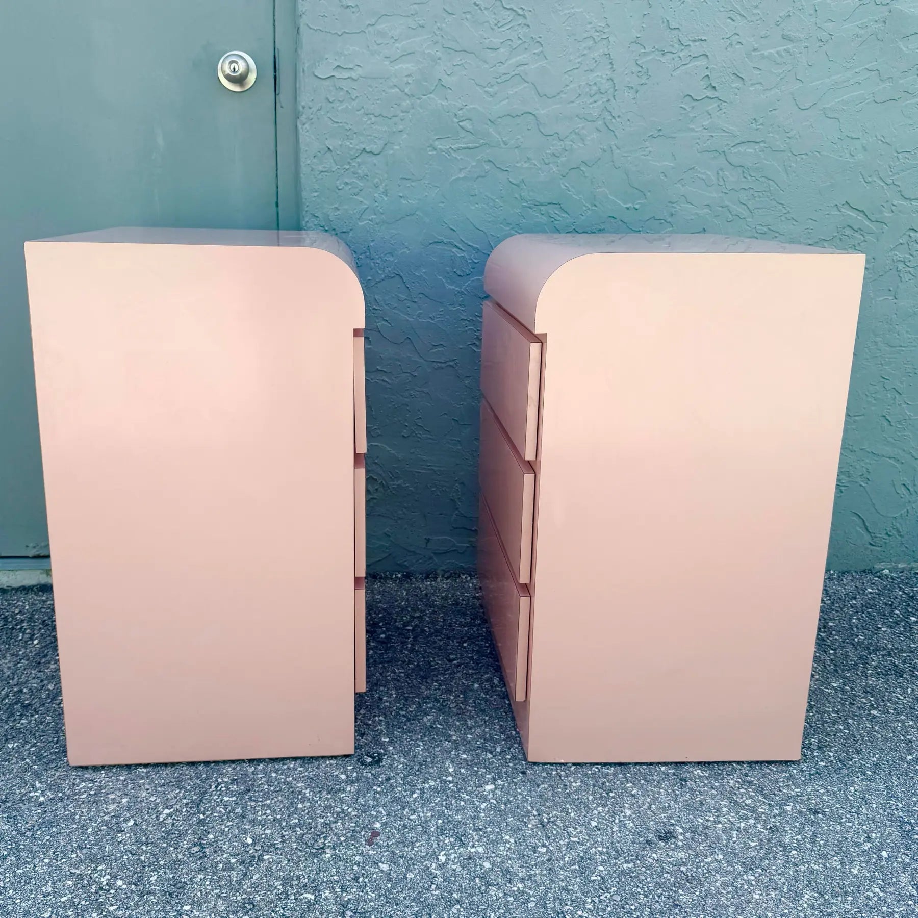 Postmodern Pink Gloss Laminate Waterfall Nightstands - A Pair Dolphin & Flamingo
