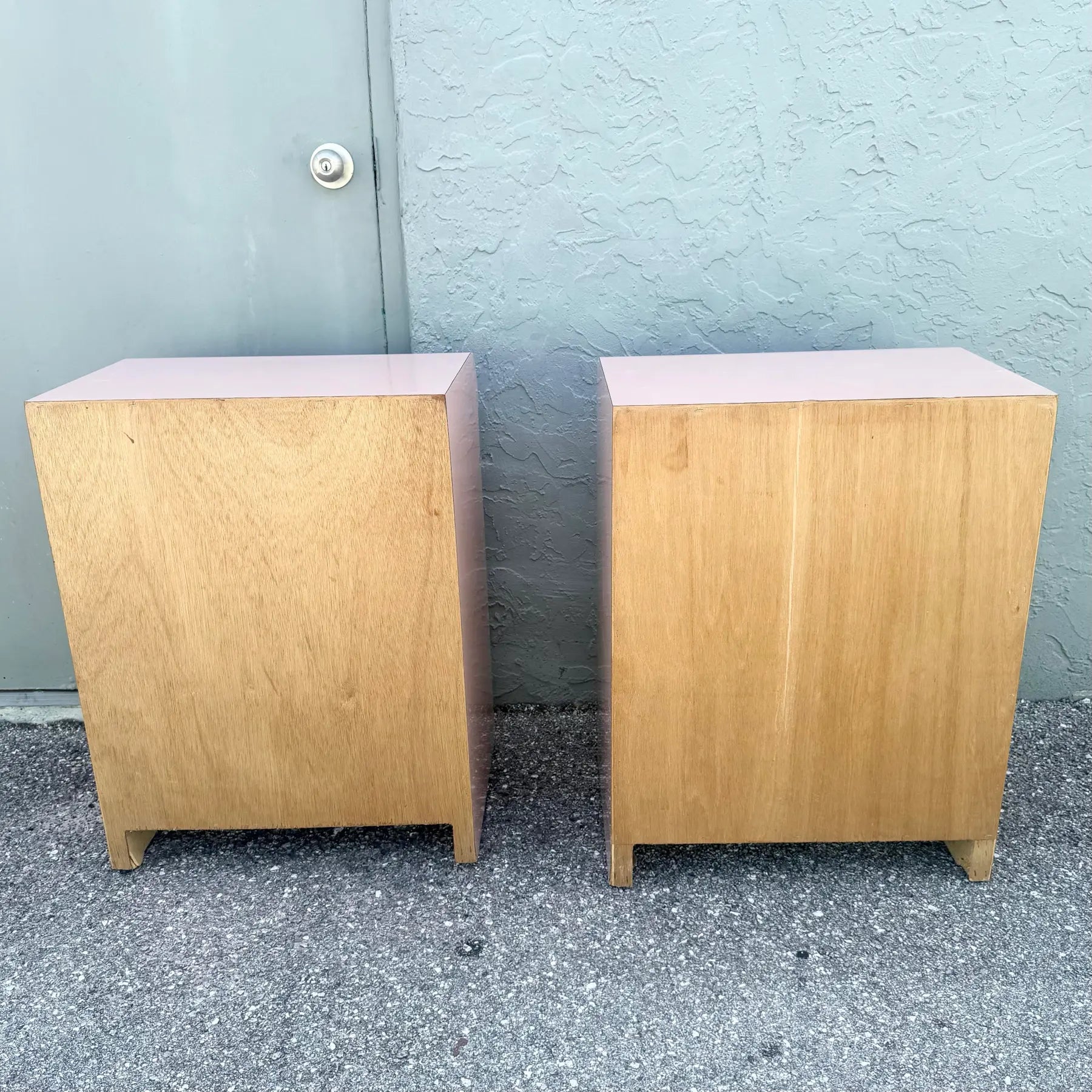 Postmodern Pink Gloss Laminate Waterfall Nightstands - A Pair Dolphin & Flamingo