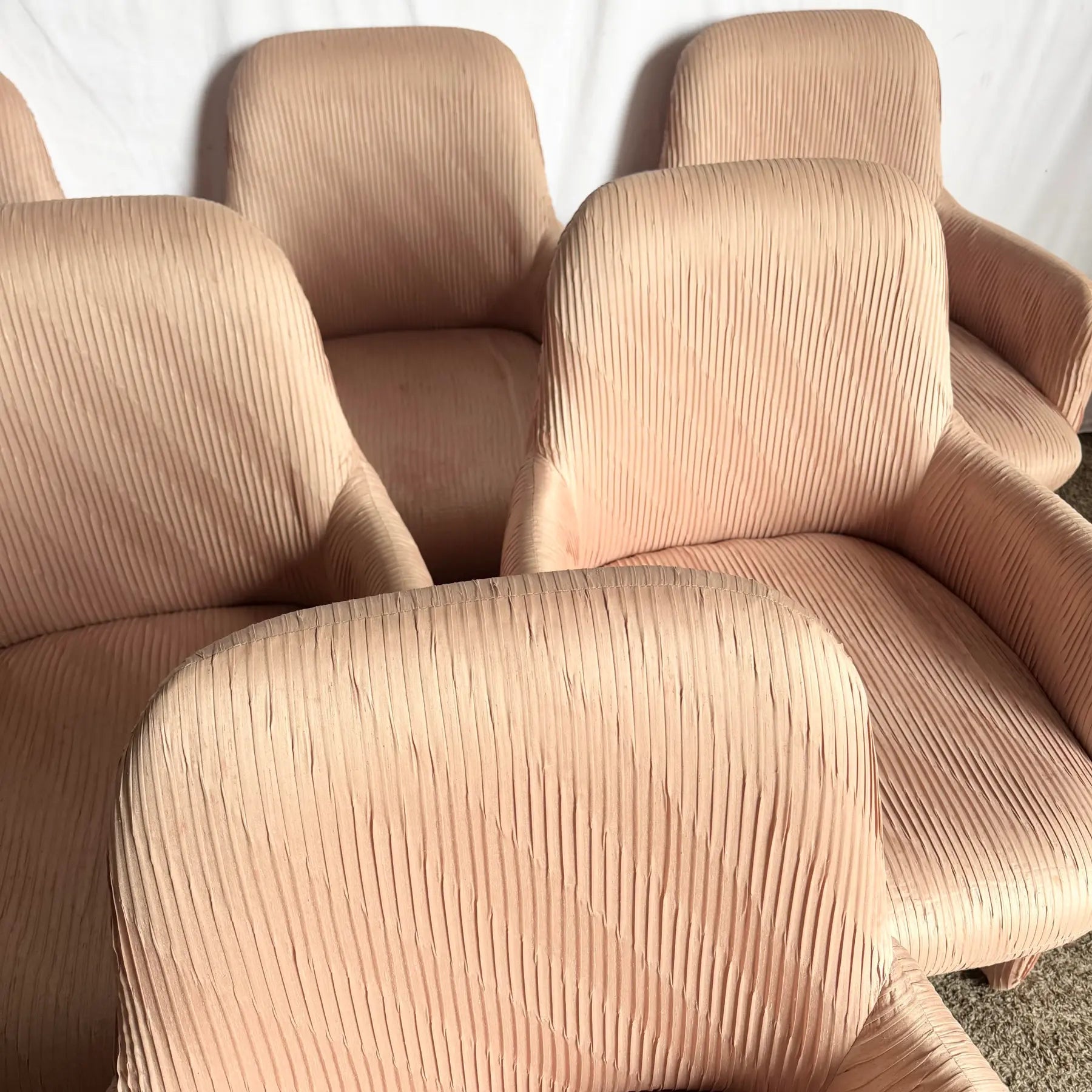 Postmodern Pleated Pink Fabric Arm Chairs by Preview Furniture - Set of 6 Dolphin & Flamingo
