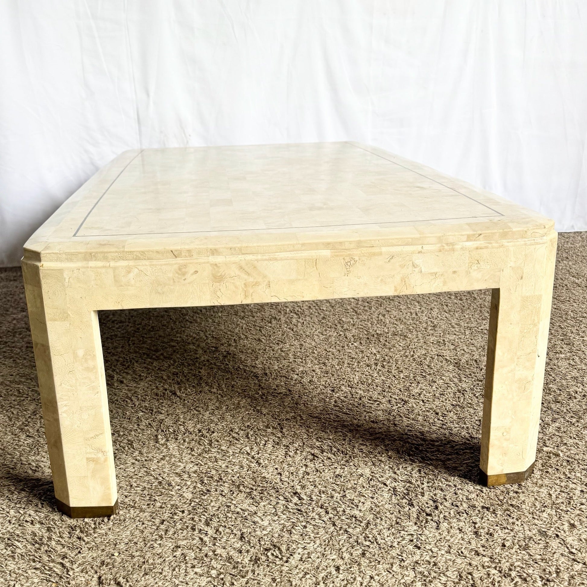 Postmodern Polished Tessellated Stone Coffee Table With Brass Inlay - Dolphin & Flamingo