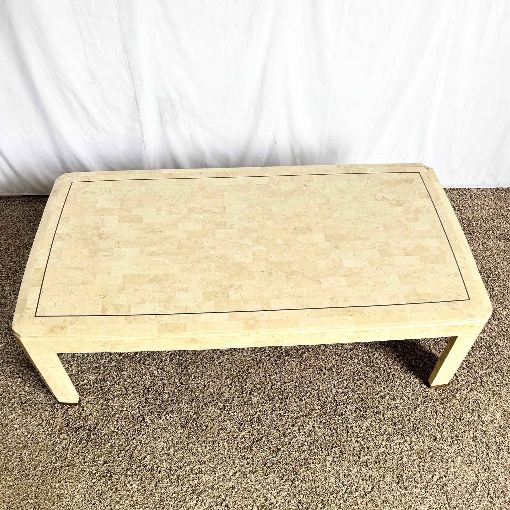 Postmodern Polished Tessellated Stone Coffee Table With Brass Inlay - Dolphin & Flamingo