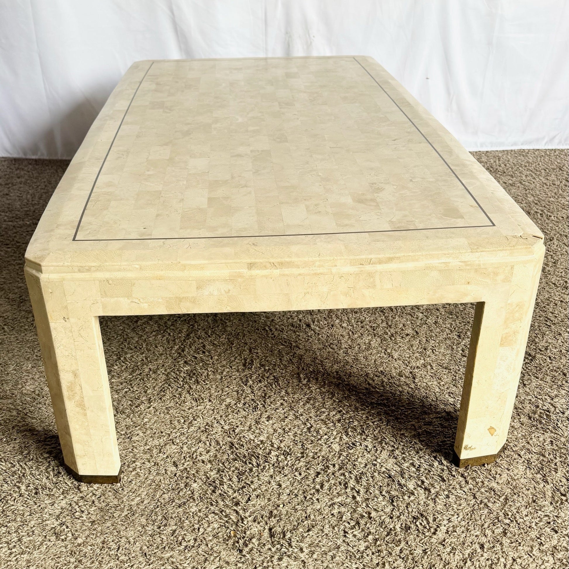 Postmodern Polished Tessellated Stone Coffee Table With Brass Inlay - Dolphin & Flamingo