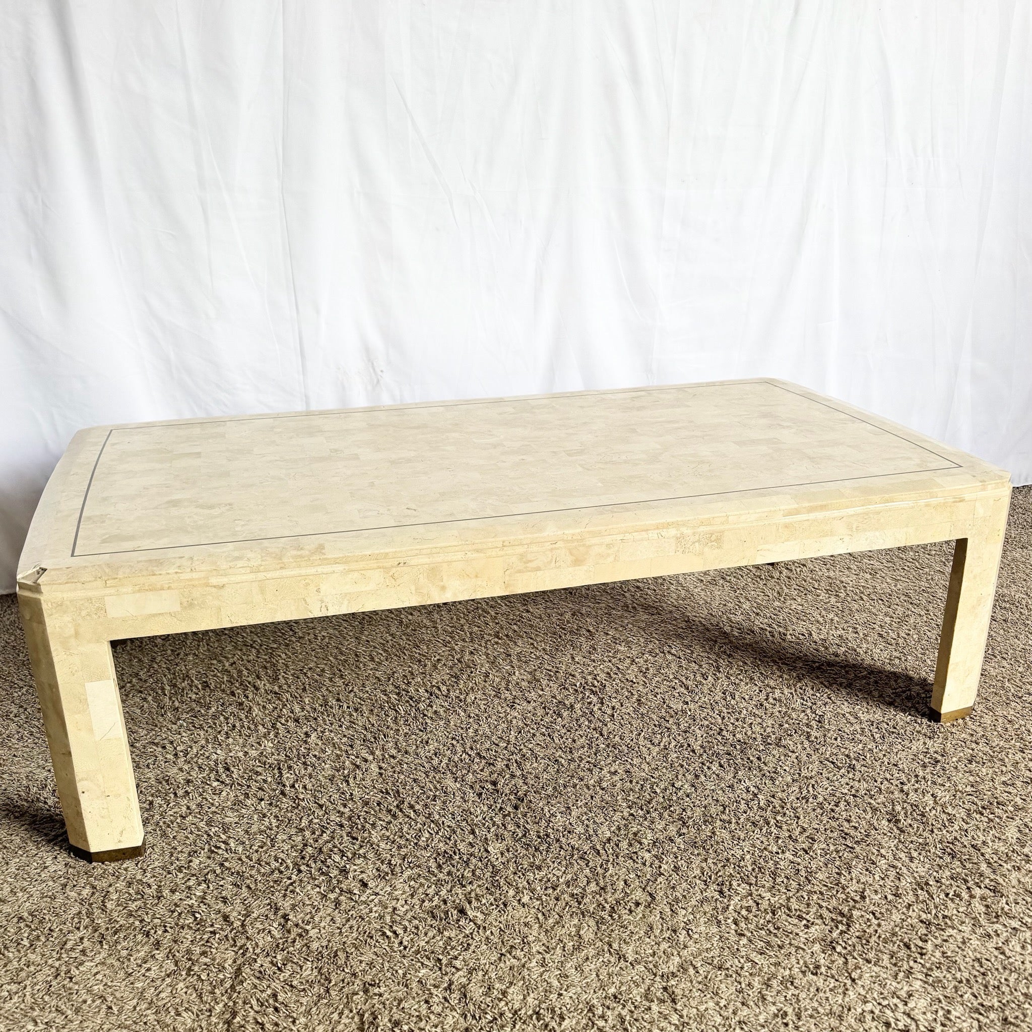 Postmodern Polished Tessellated Stone Coffee Table With Brass Inlay - Dolphin & Flamingo