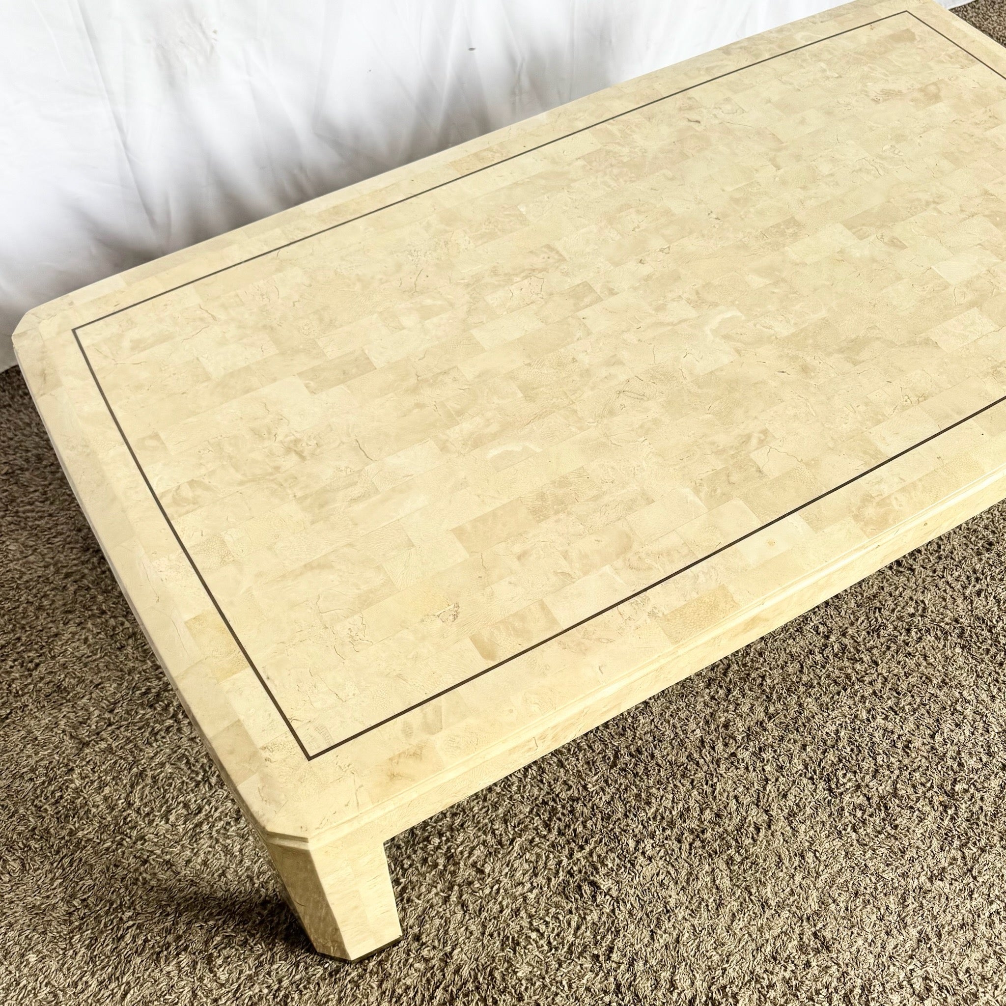 Postmodern Polished Tessellated Stone Coffee Table With Brass Inlay - Dolphin & Flamingo