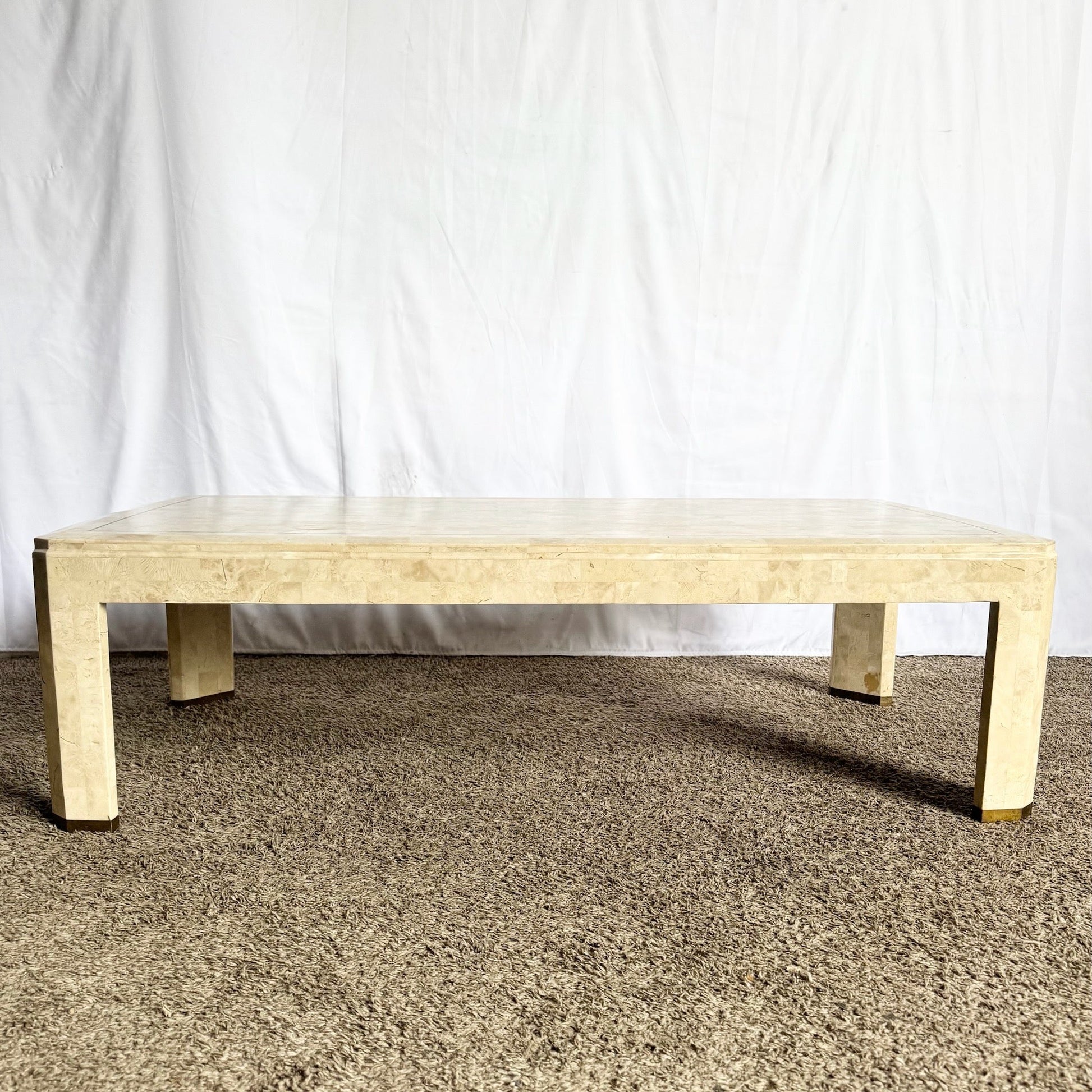 Postmodern Polished Tessellated Stone Coffee Table With Brass Inlay - Dolphin & Flamingo