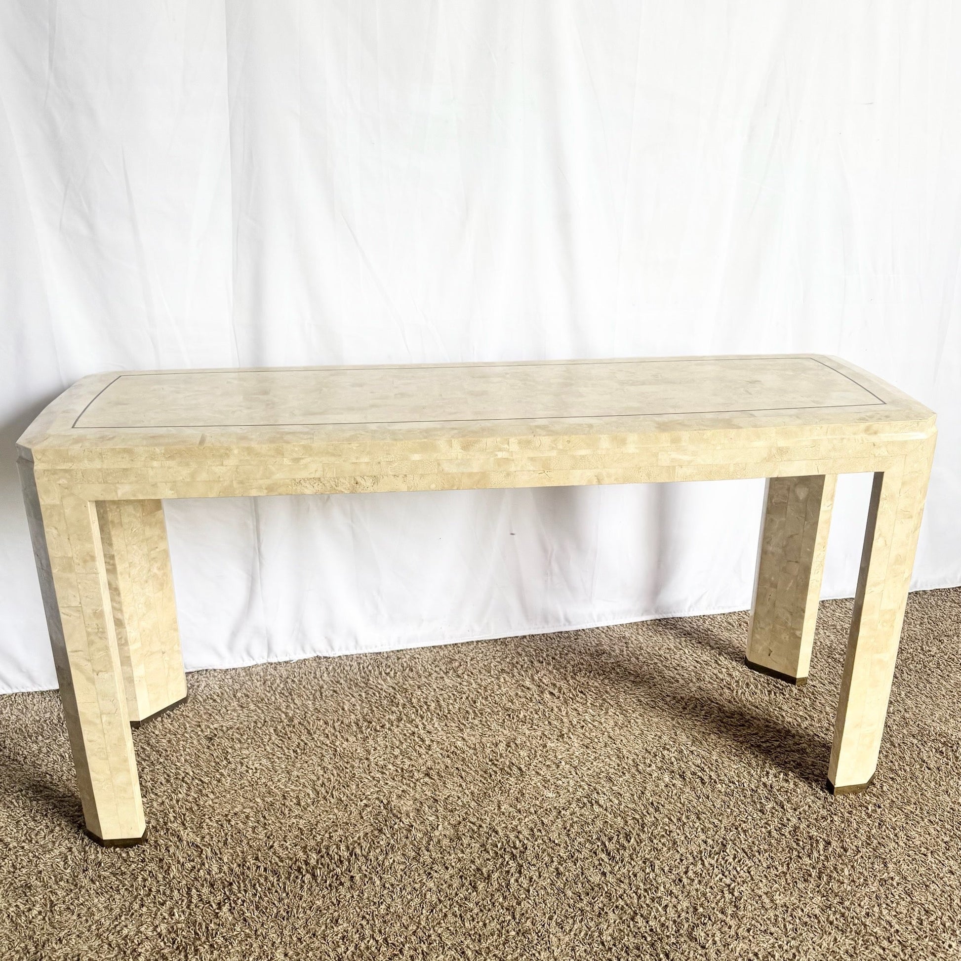 Postmodern Polished Tessellated Stone Console Table With Brass Inlay - Dolphin & Flamingo