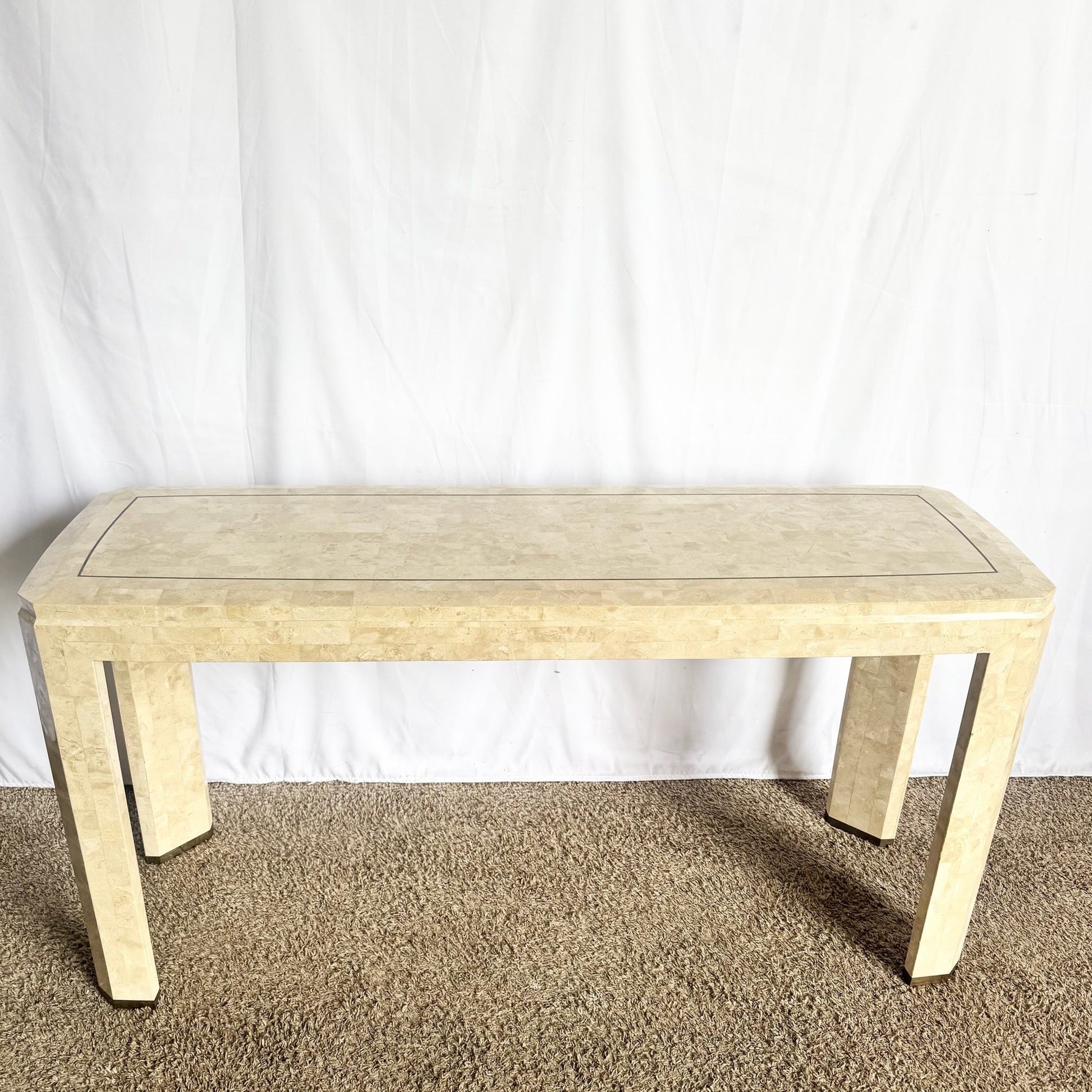 Postmodern Polished Tessellated Stone Console Table With Brass Inlay - Dolphin & Flamingo