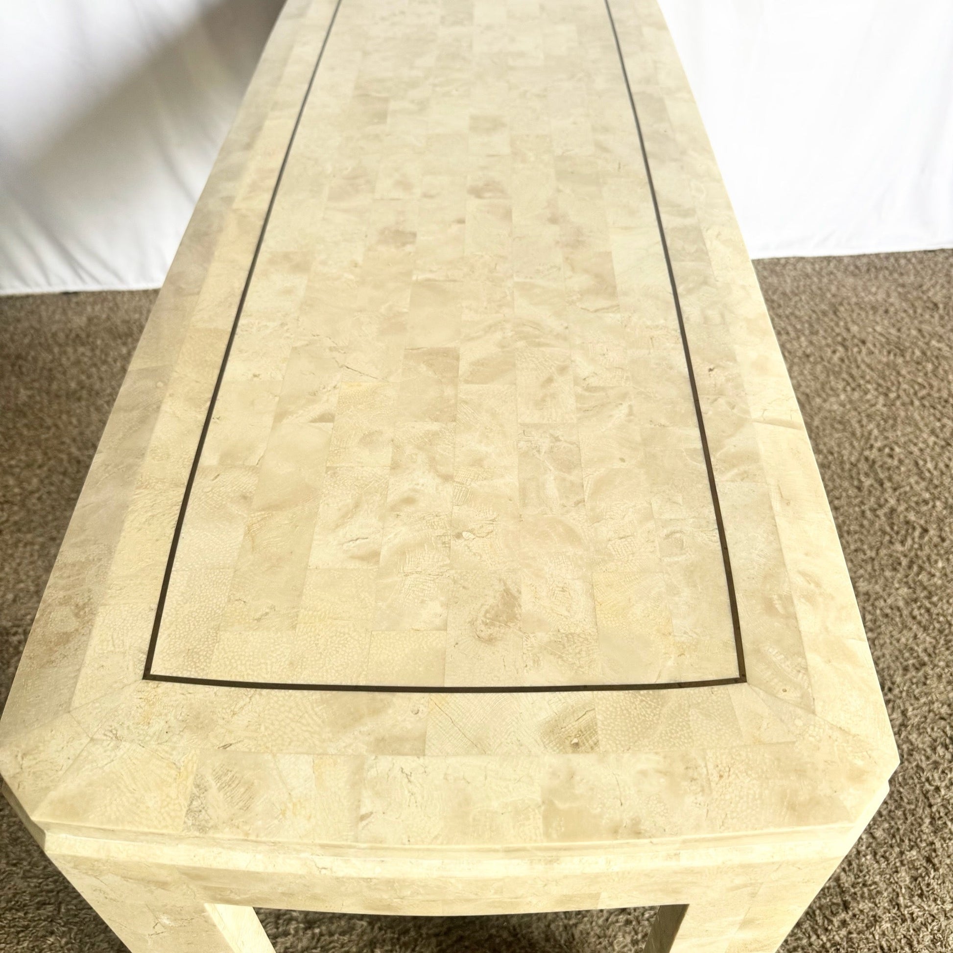 Postmodern Polished Tessellated Stone Console Table With Brass Inlay - Dolphin & Flamingo