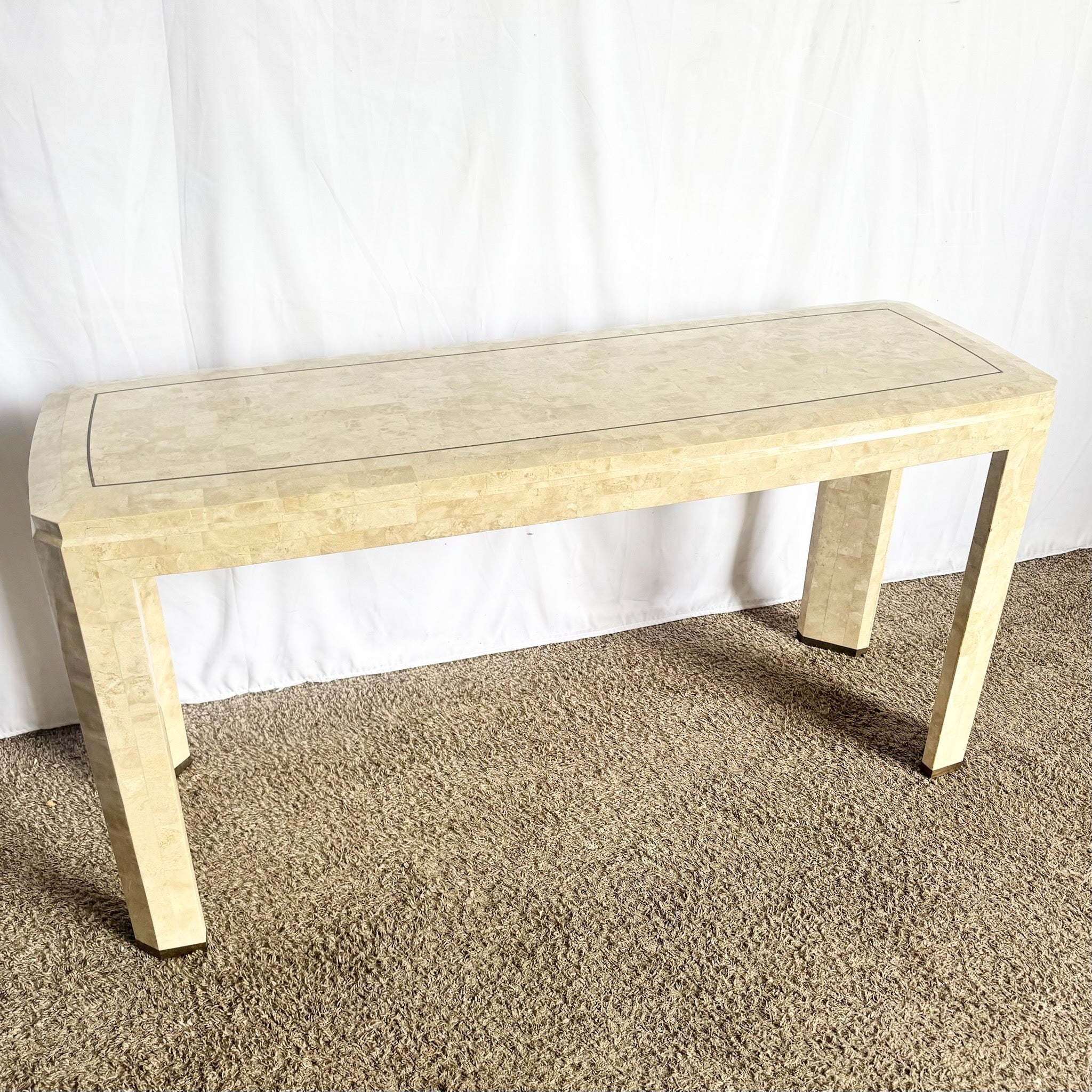 Postmodern Polished Tessellated Stone Console Table With Brass Inlay - Dolphin & Flamingo