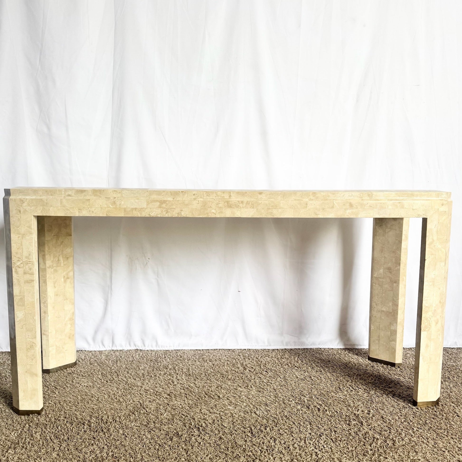 Postmodern Polished Tessellated Stone Console Table With Brass Inlay - Dolphin & Flamingo