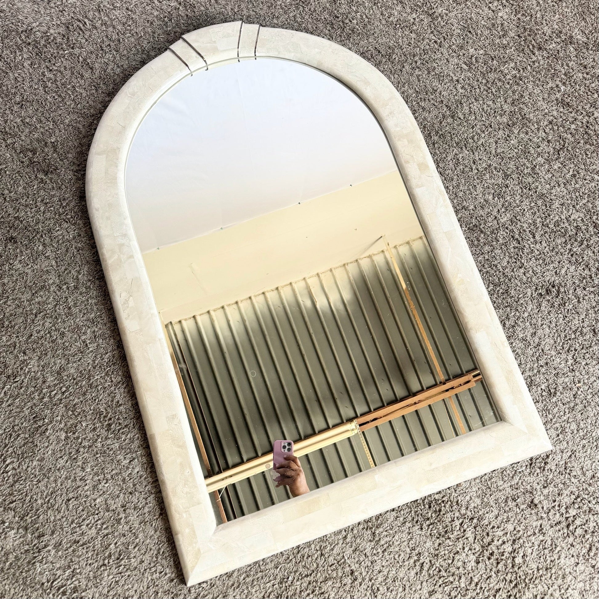 Postmodern Polished Tessellated Stone Wall Mirror With Brass Inlay by Alexvale Furniture - Dolphin & Flamingo