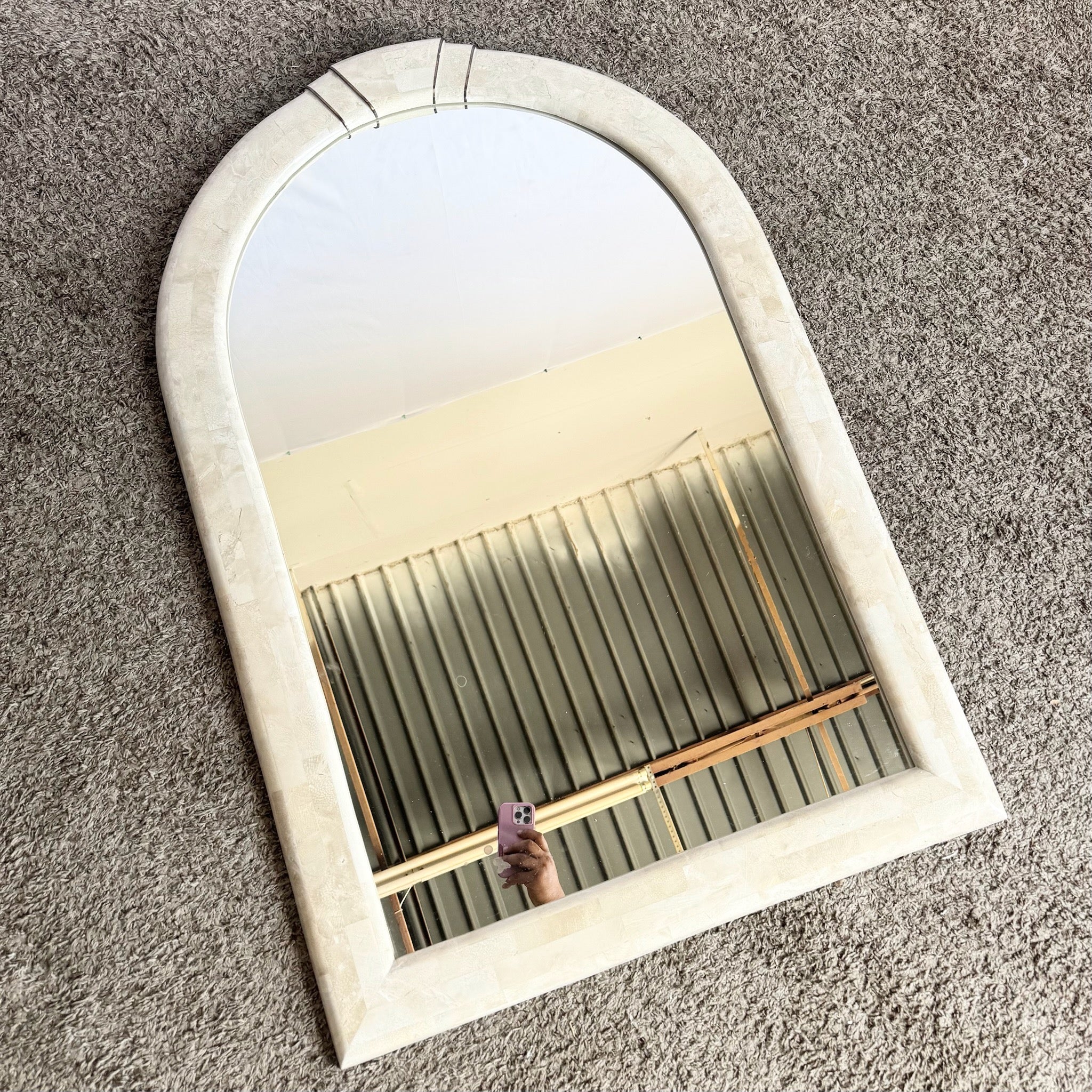 Postmodern Polished Tessellated Stone Wall Mirror With Brass Inlay by Alexvale Furniture - Dolphin & Flamingo