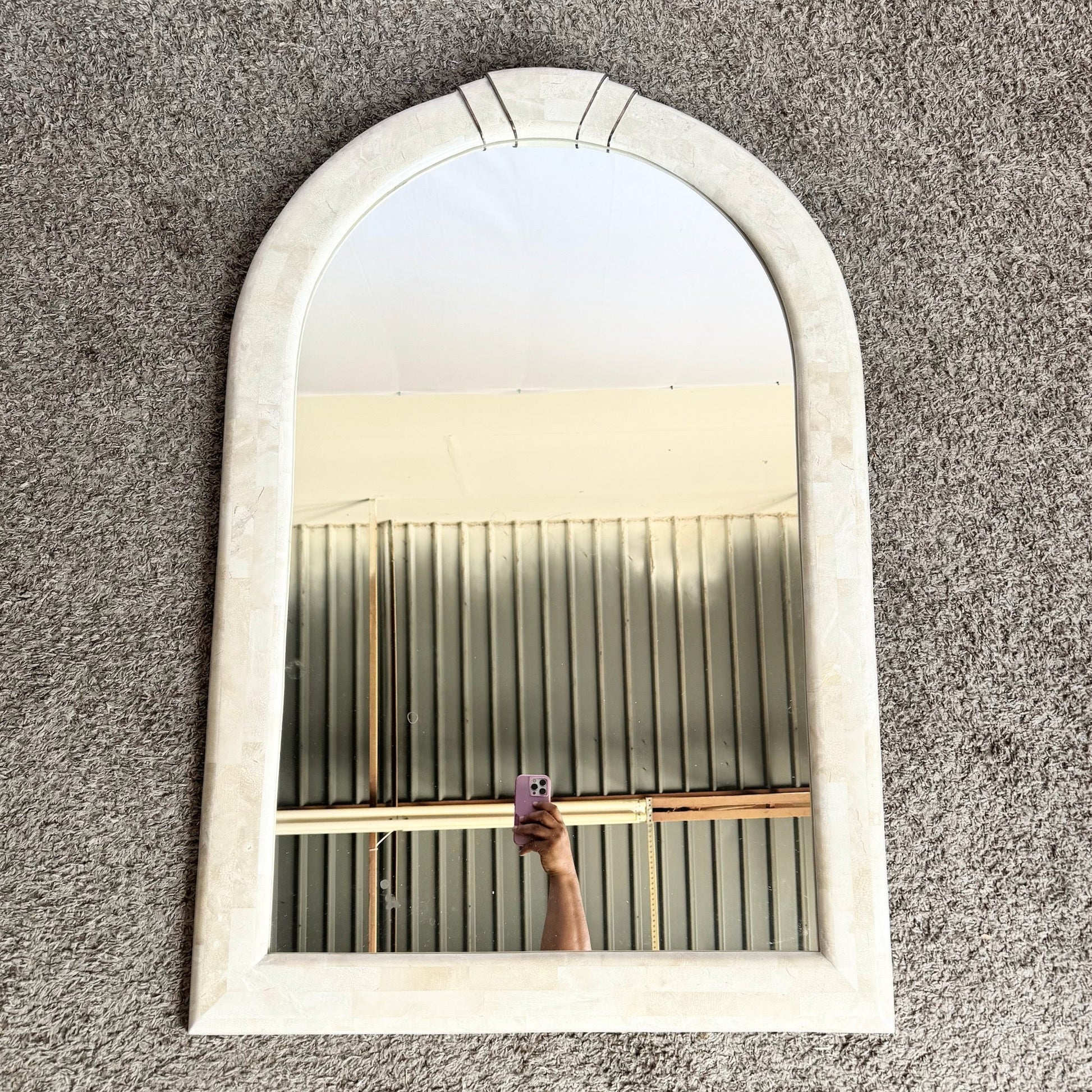 Postmodern Polished Tessellated Stone Wall Mirror With Brass Inlay by Alexvale Furniture - Dolphin & Flamingo