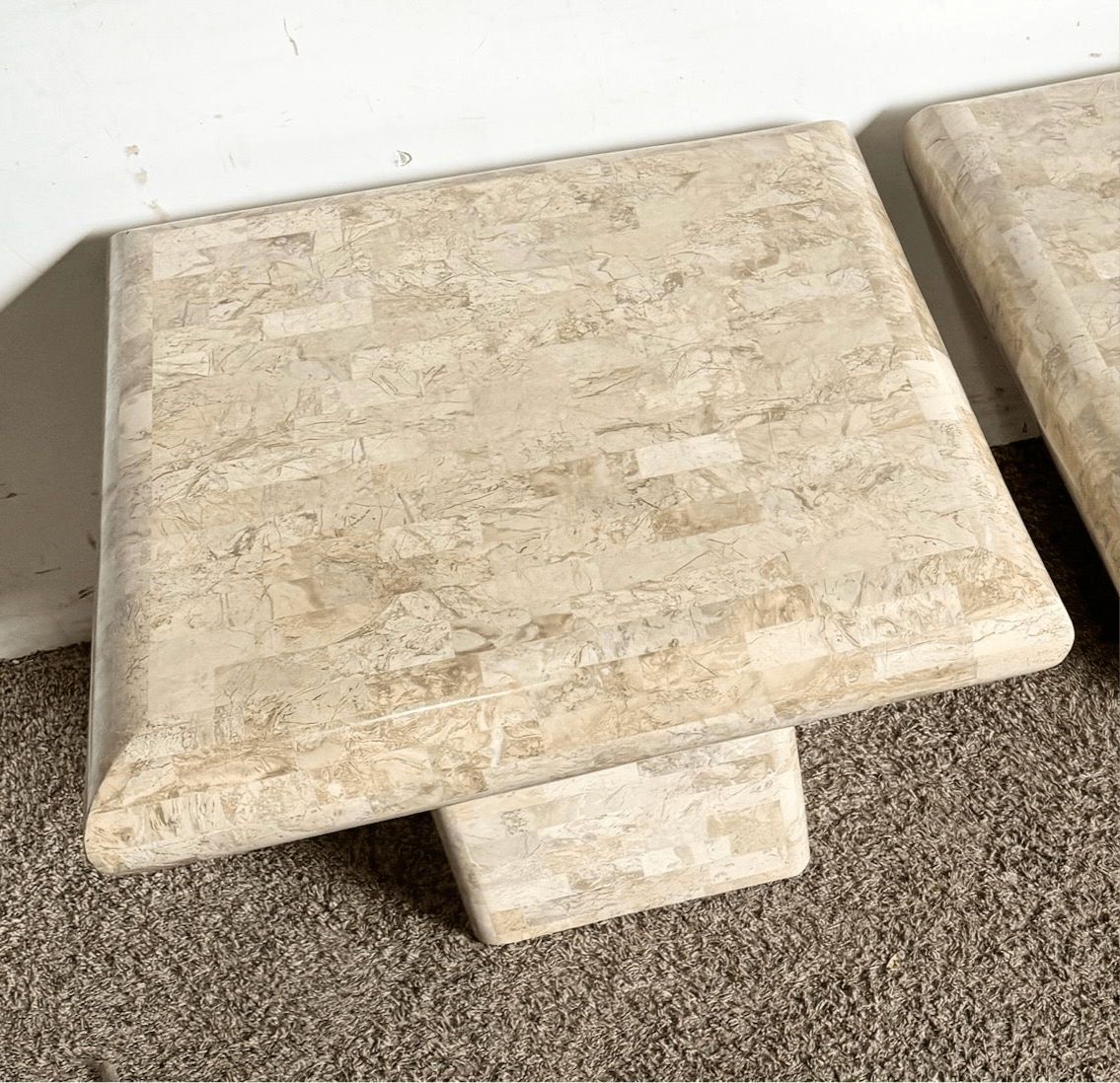 Postmodern Polished Tessellated Stone/Shell Square Top Mushroom Side Table - One Table - Dolphin & Flamingo