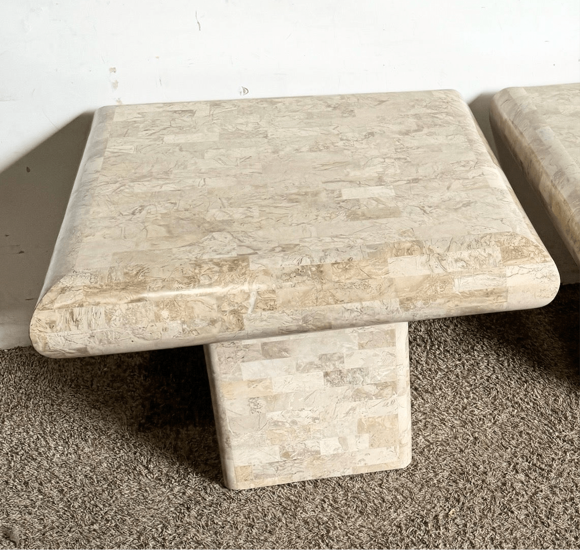 Postmodern Polished Tessellated Stone/Shell Square Top Mushroom Side Table - One Table - Dolphin & Flamingo