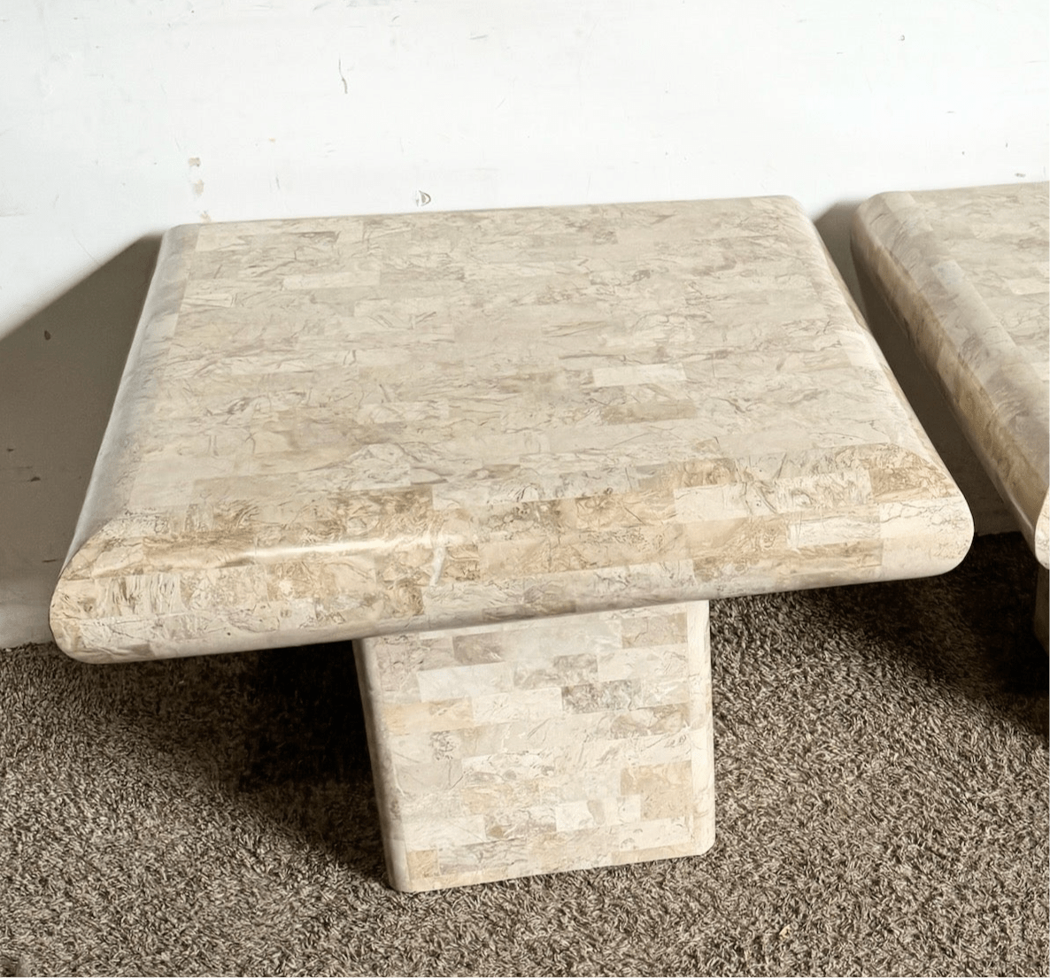 Postmodern Polished Tessellated Stone/Shell Square Top Mushroom Side Table - One Table - Dolphin & Flamingo