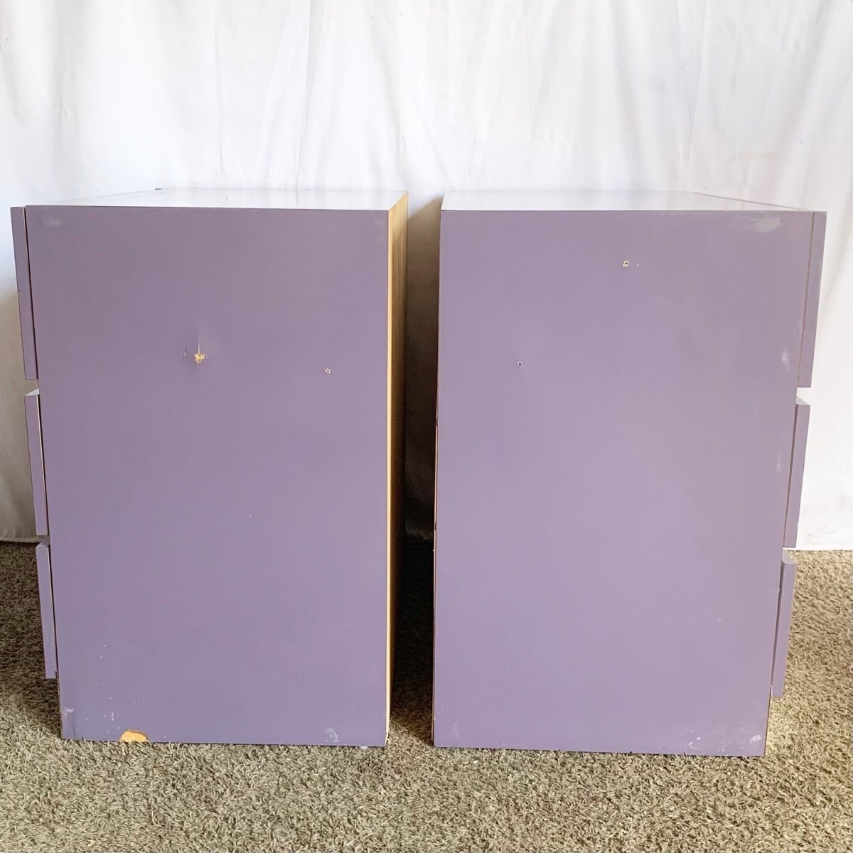 Postmodern Purple Glass Laminate Chests of Drawers/Commodes With Chrome Base - A Pair - Dolphin & Flamingo