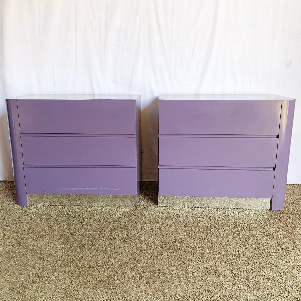 Postmodern Purple Glass Laminate Chests of Drawers/Commodes With Chrome Base - A Pair - Dolphin & Flamingo