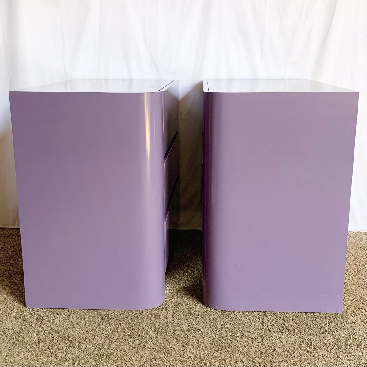 Postmodern Purple Glass Laminate Chests of Drawers/Commodes With Chrome Base - A Pair - Dolphin & Flamingo