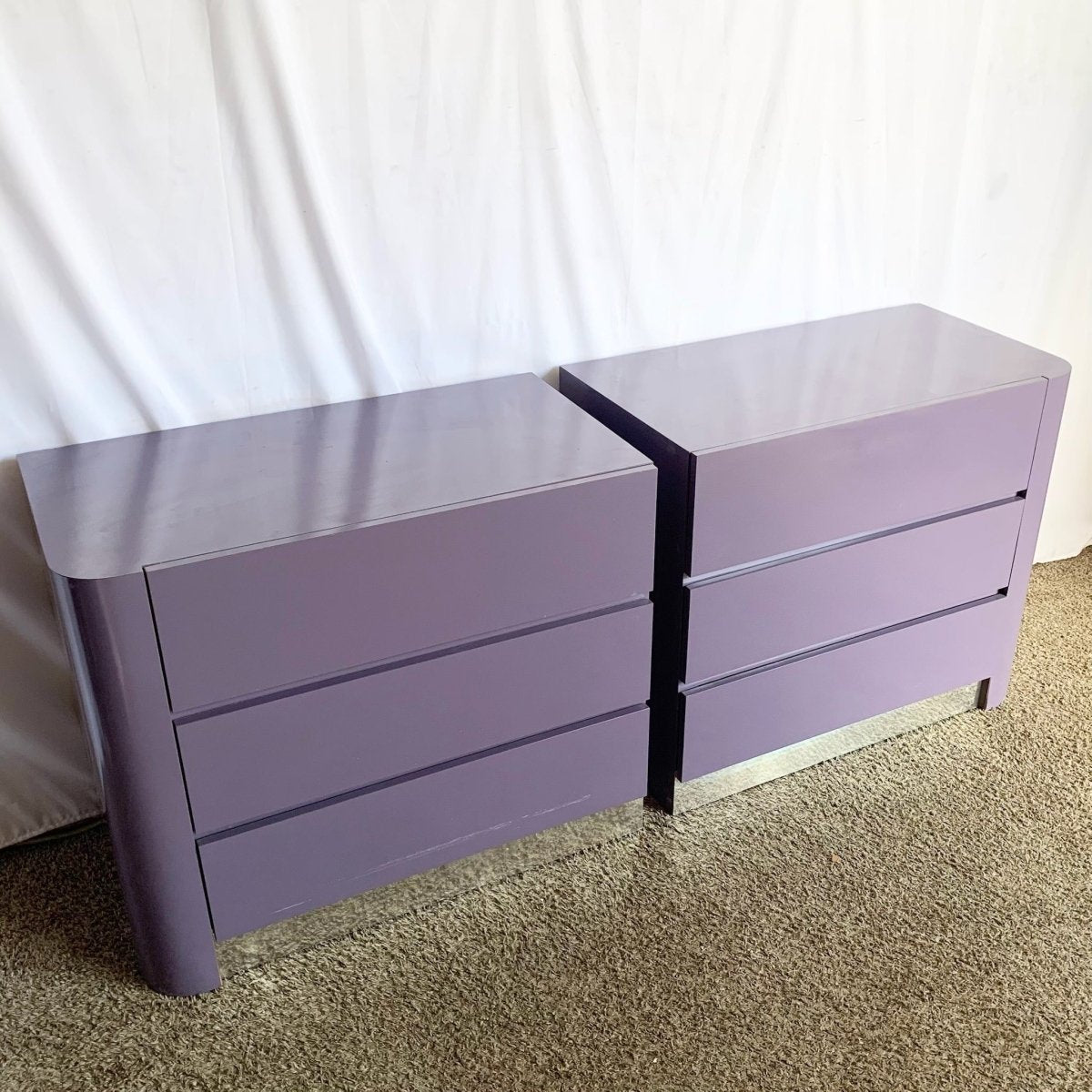 Postmodern Purple Glass Laminate Chests of Drawers/Commodes With Chrome Base - A Pair - Dolphin & Flamingo