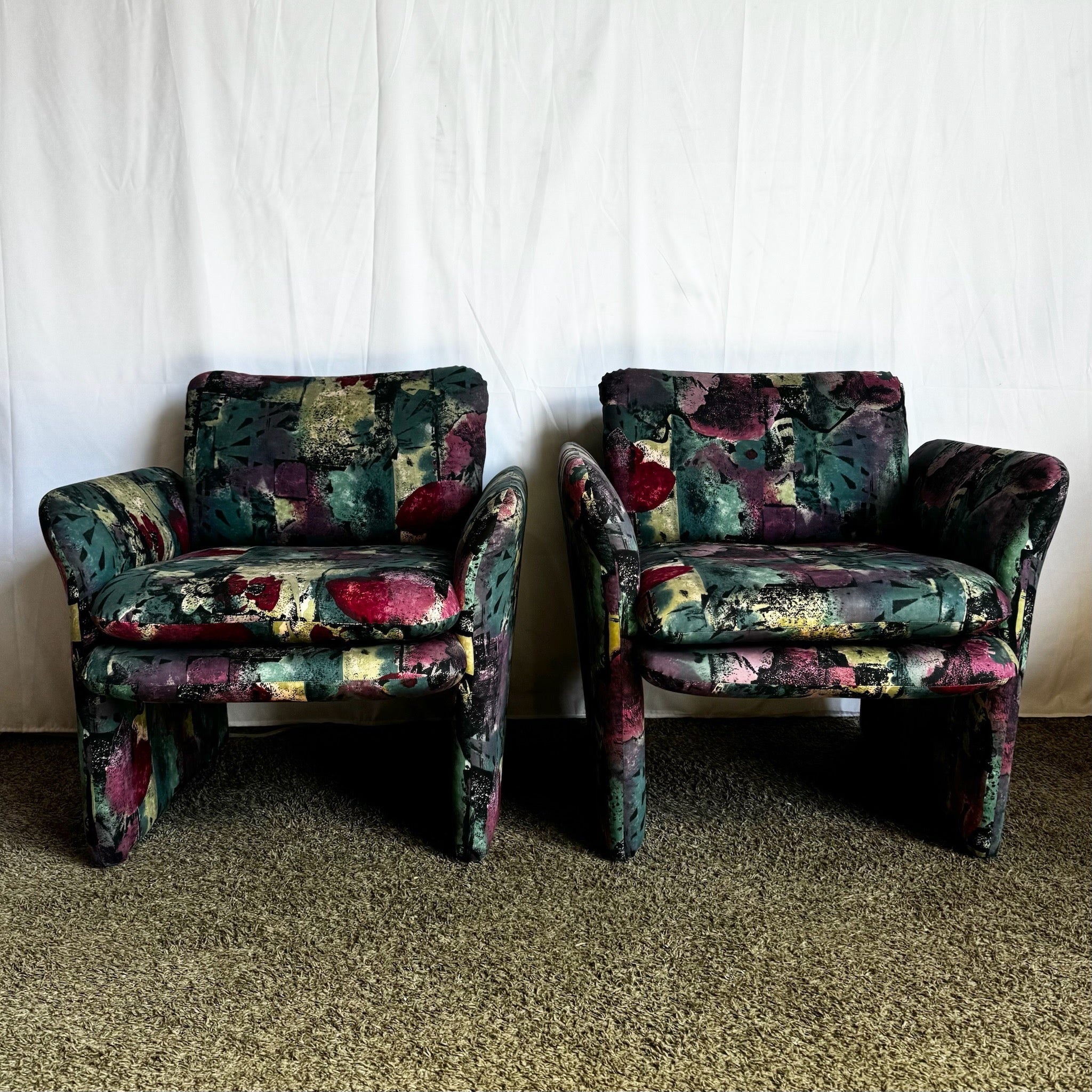 Postmodern Purple Green and Pink Arm Chairs - a Pair - Dolphin & Flamingo