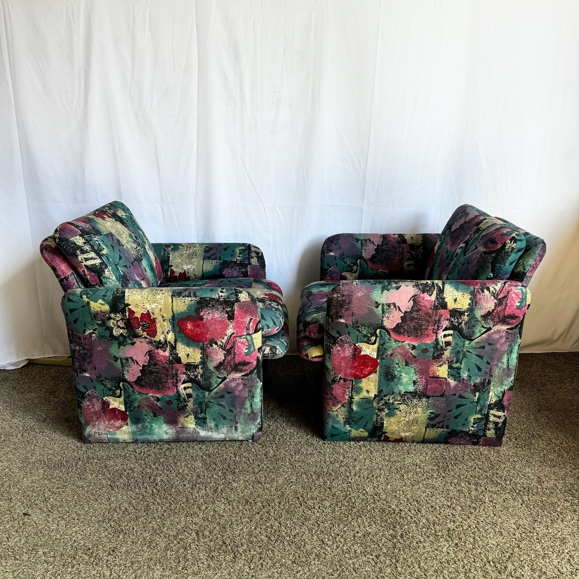 Postmodern Purple Green and Pink Arm Chairs - a Pair - Dolphin & Flamingo