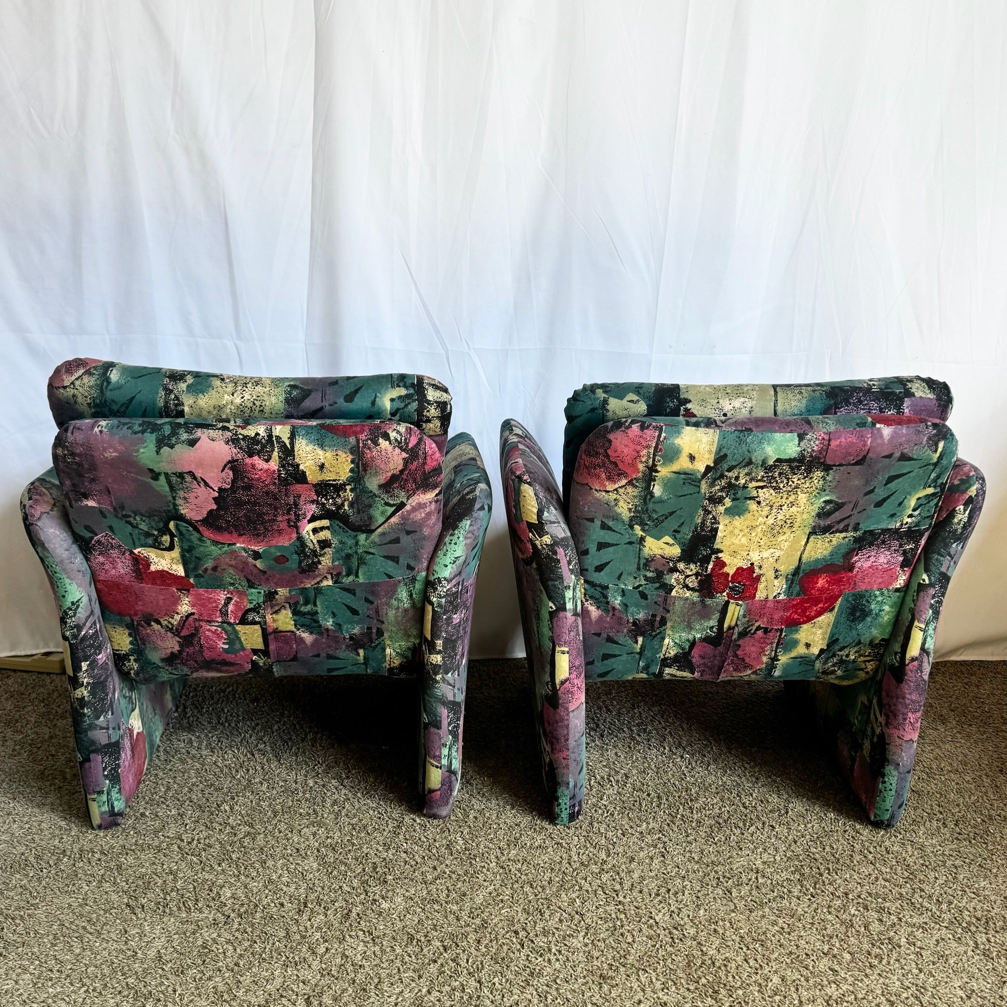 Postmodern Purple Green and Pink Arm Chairs - a Pair - Dolphin & Flamingo