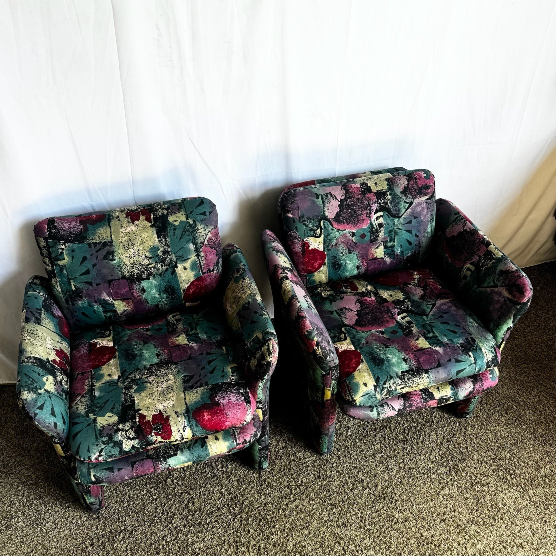 Postmodern Purple Green and Pink Arm Chairs - a Pair - Dolphin & Flamingo