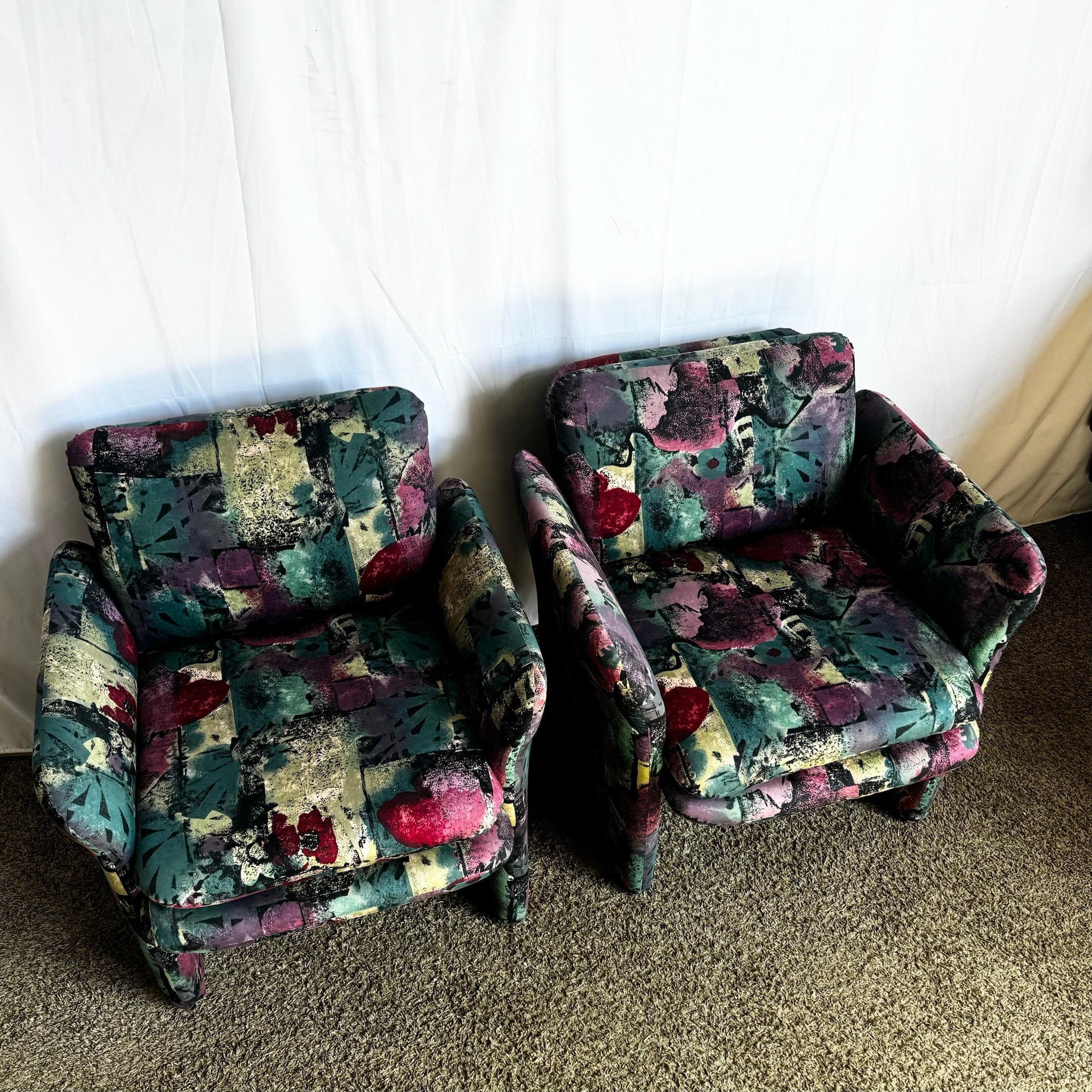 Postmodern Purple Green and Pink Arm Chairs - a Pair - Dolphin & Flamingo