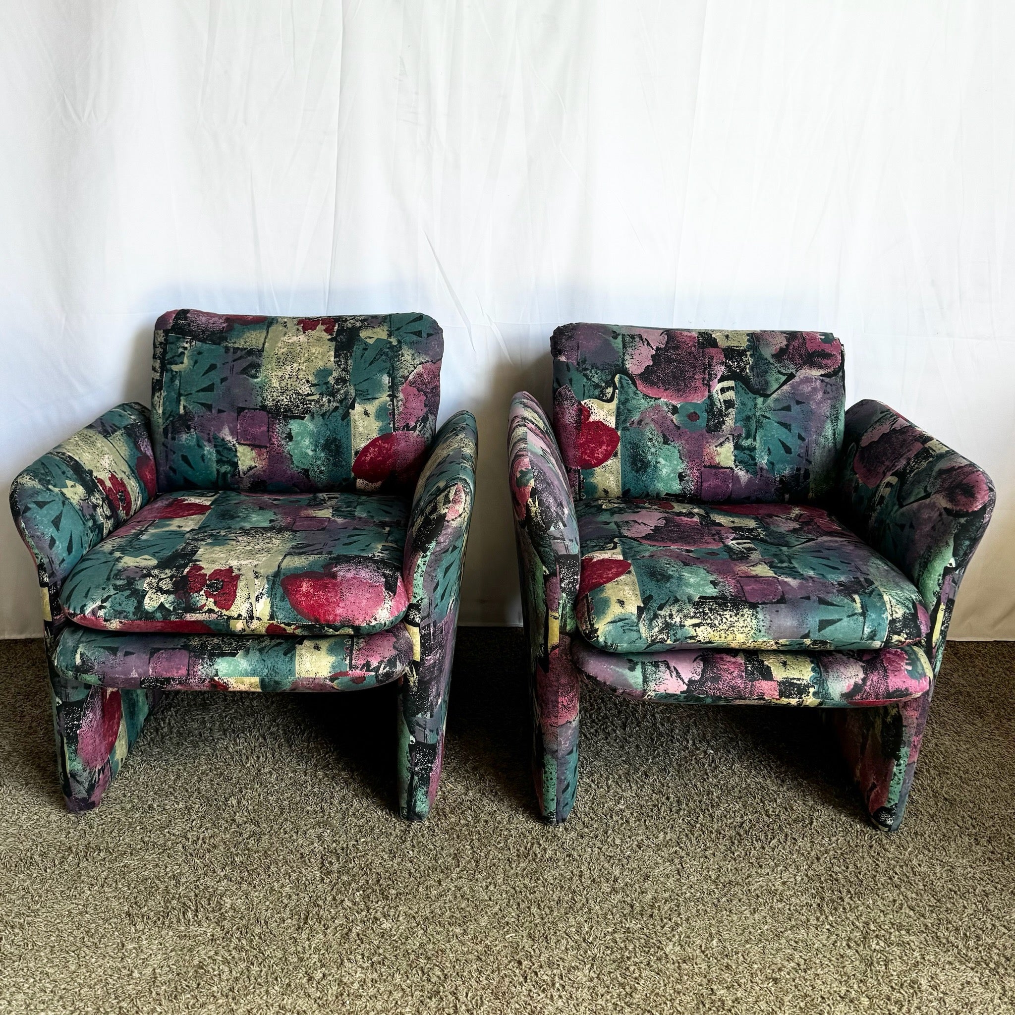 Postmodern Purple Green and Pink Arm Chairs - a Pair - Dolphin & Flamingo