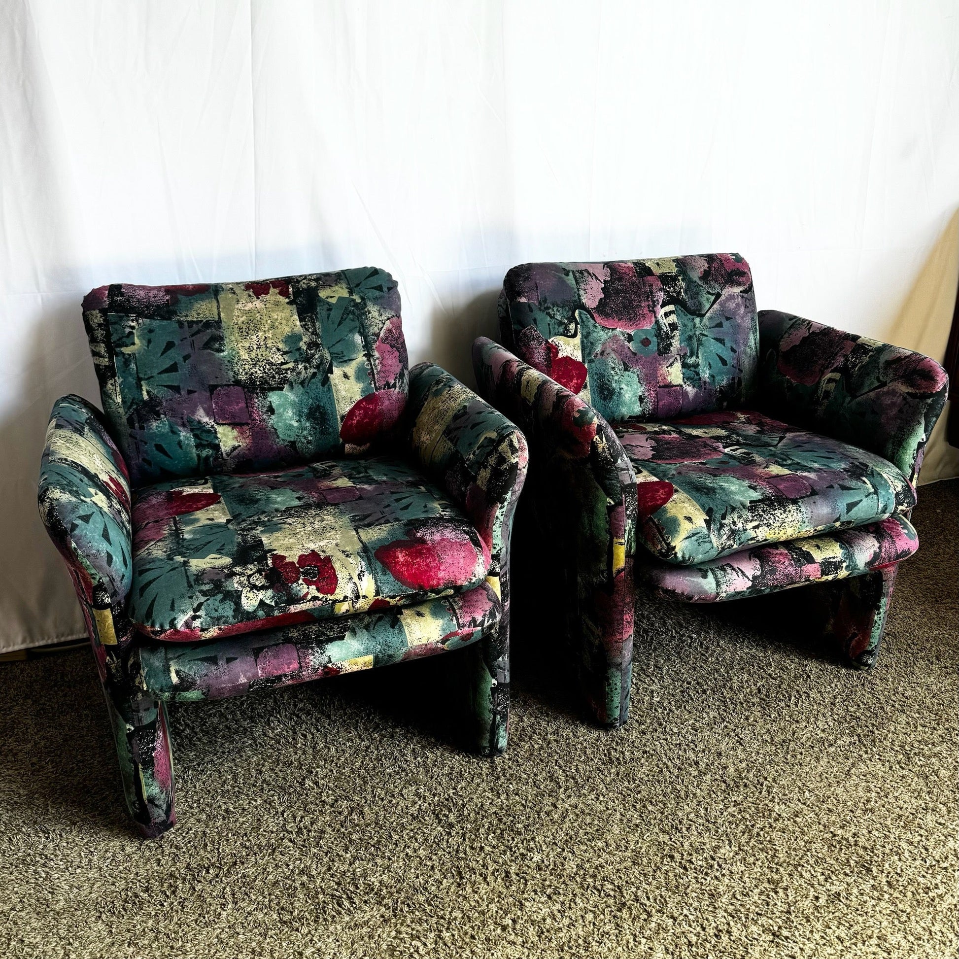 Postmodern Purple Green and Pink Arm Chairs - a Pair - Dolphin & Flamingo