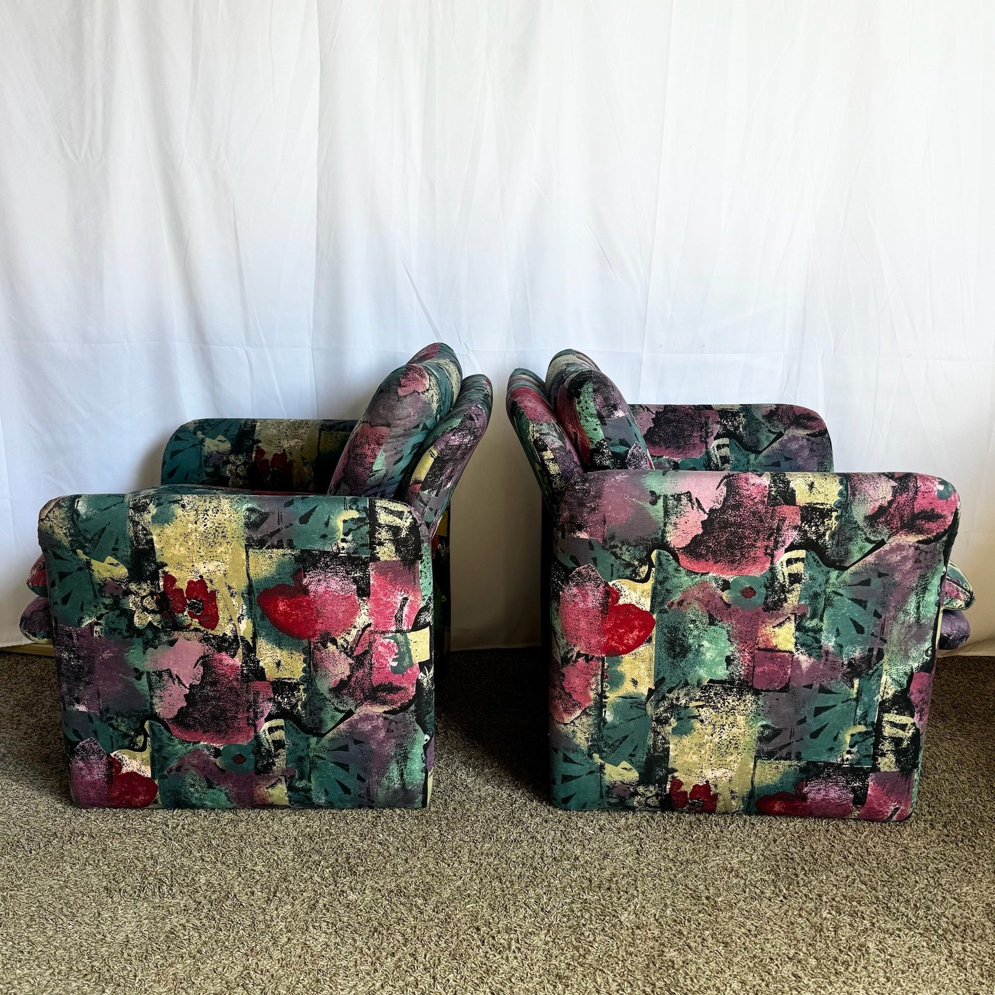 Postmodern Purple Green and Pink Arm Chairs - a Pair - Dolphin & Flamingo