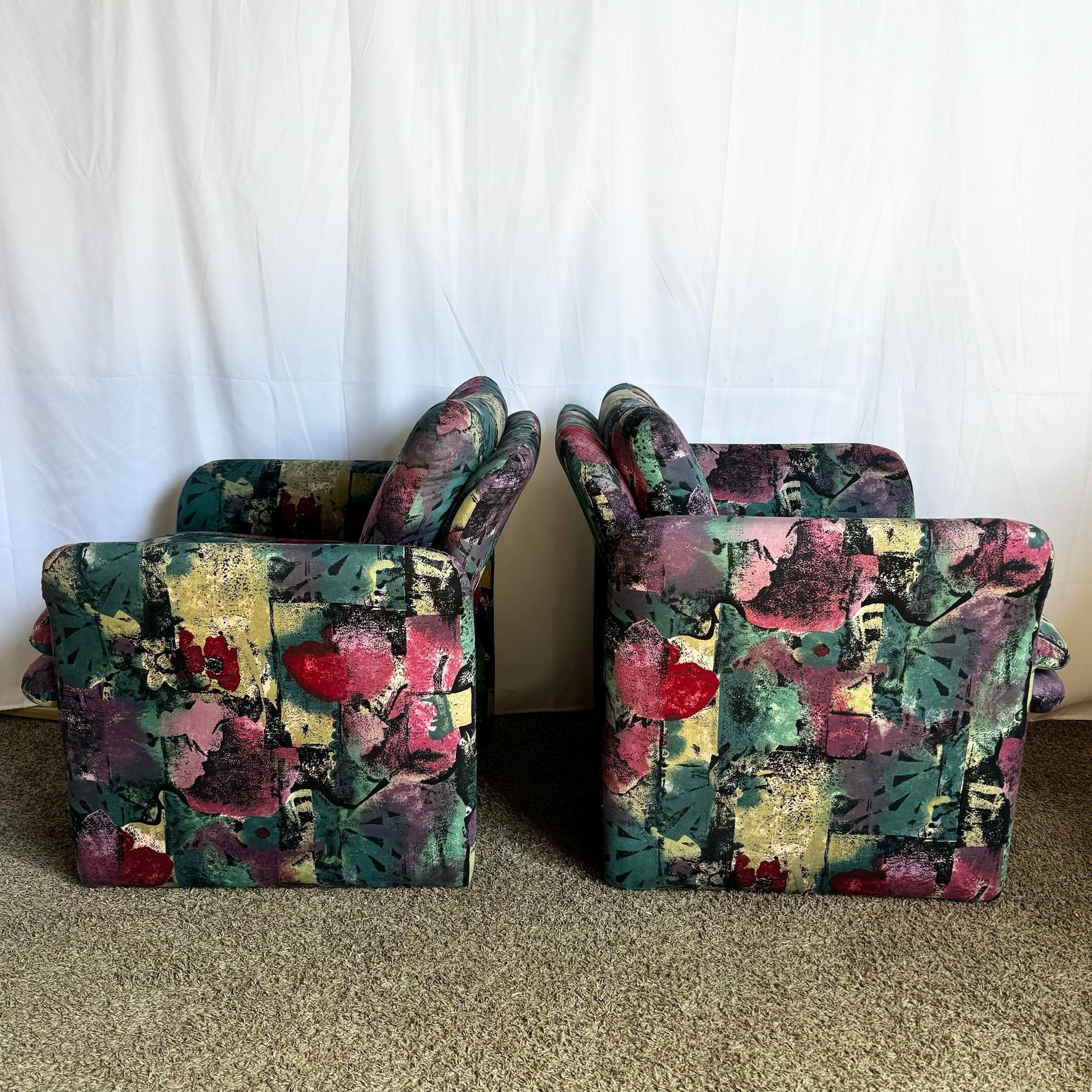 Postmodern Purple Green and Pink Arm Chairs - a Pair - Dolphin & Flamingo