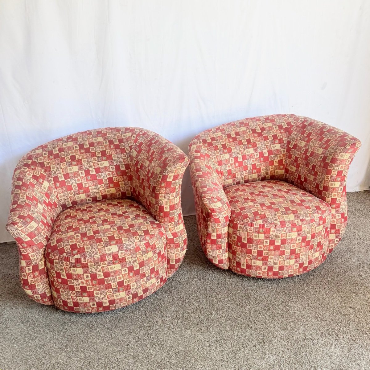Postmodern Red and Gold Fabric Sculpted Swivel Arm Chairs - A Pair - Dolphin & Flamingo