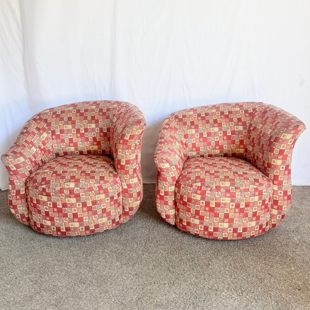 Postmodern Red and Gold Fabric Sculpted Swivel Arm Chairs - A Pair - Dolphin & Flamingo