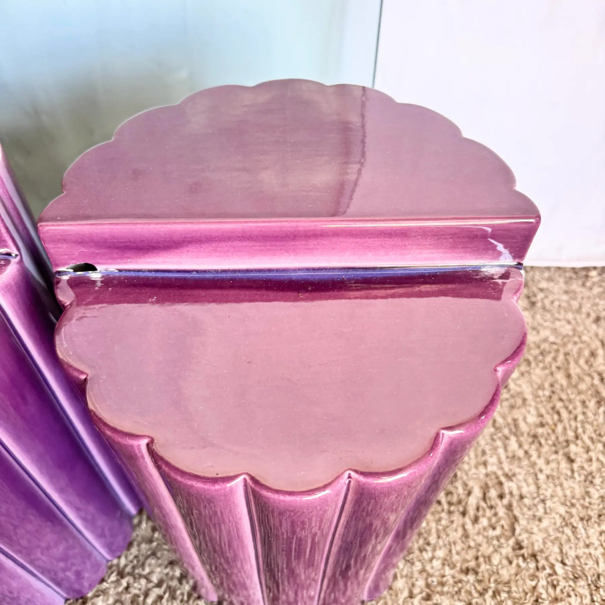 Postmodern Scalloped Purple Ceramic Glass Top Coffee Table - Dolphin & Flamingo