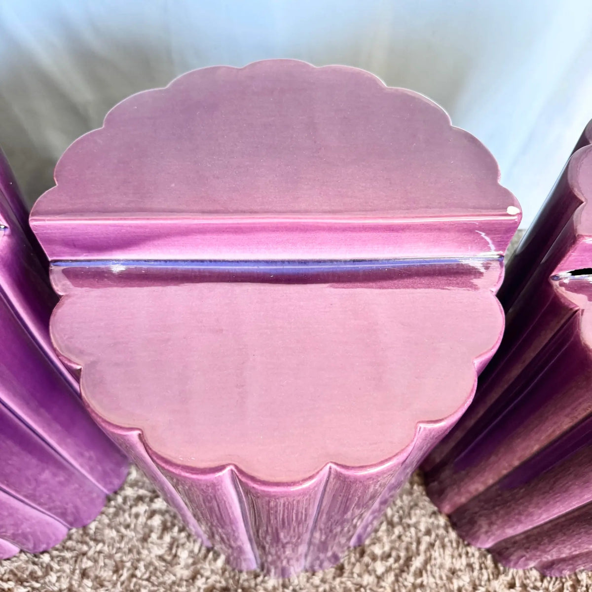 Postmodern Scalloped Purple Ceramic Glass Top Coffee Table - Dolphin & Flamingo