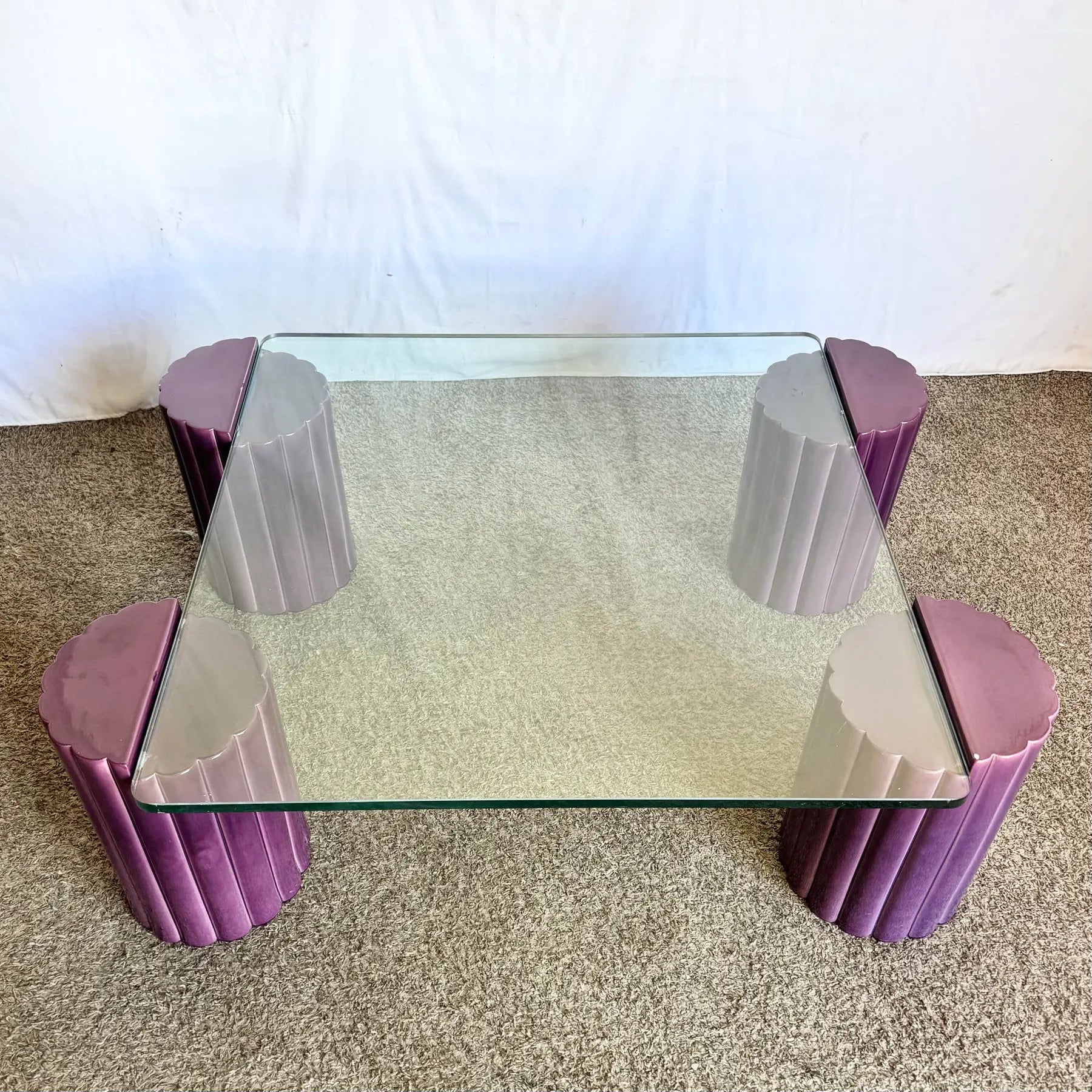 Postmodern Scalloped Purple Ceramic Glass Top Coffee Table