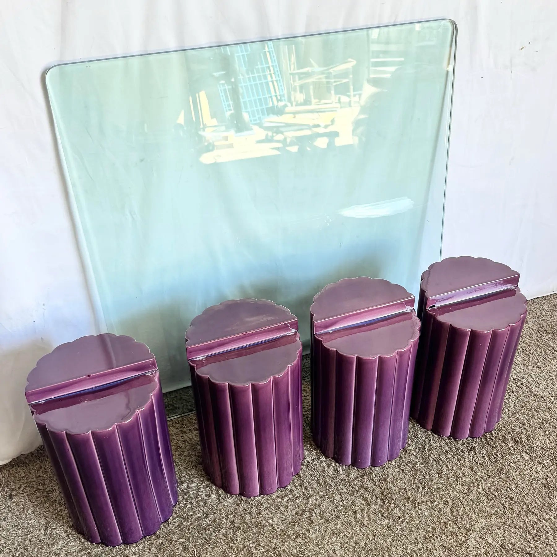 Postmodern Scalloped Purple Ceramic Glass Top Coffee Table