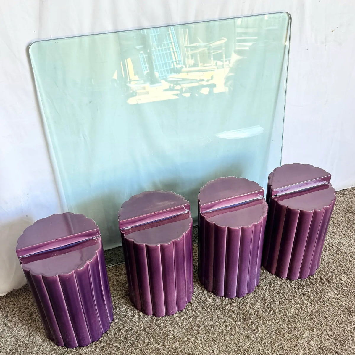 Postmodern Scalloped Purple Ceramic Glass Top Coffee Table - Dolphin & Flamingo