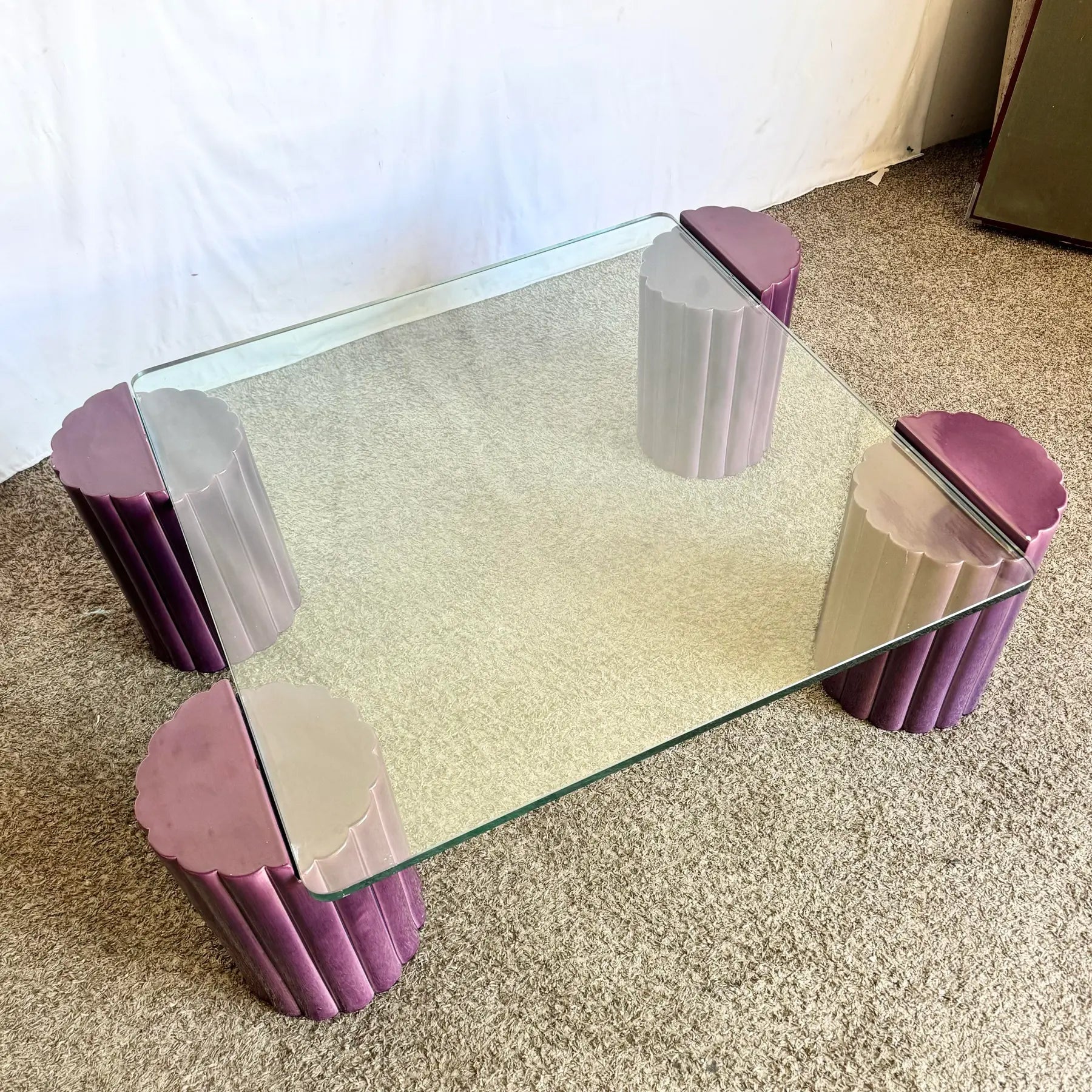 Postmodern Scalloped Purple Ceramic Glass Top Coffee Table