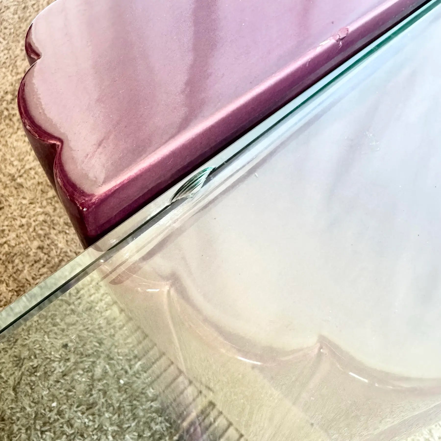 Postmodern Scalloped Purple Ceramic Glass Top Coffee Table