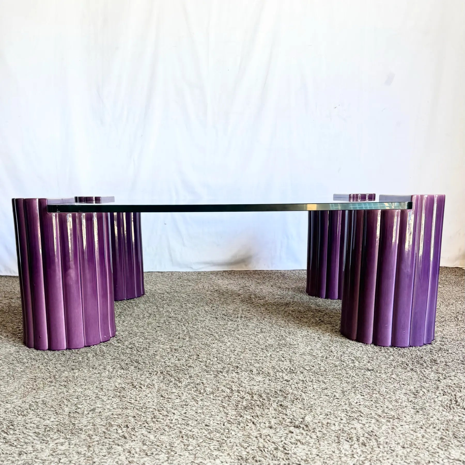 Postmodern Scalloped Purple Ceramic Glass Top Coffee Table