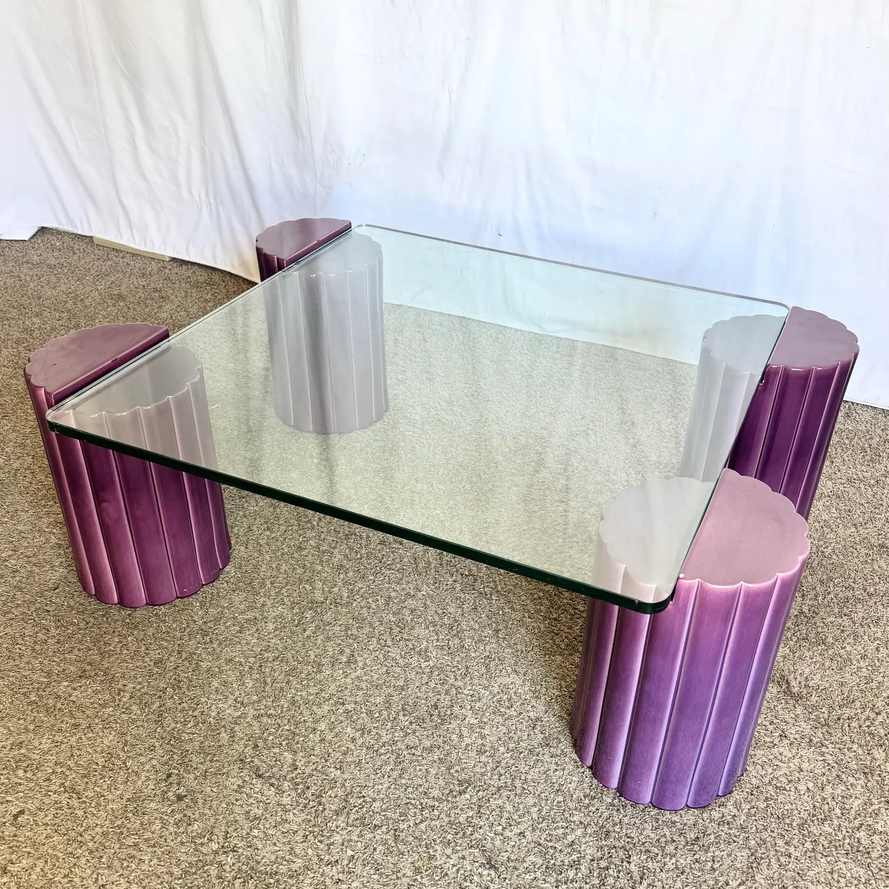Postmodern Scalloped Purple Ceramic Glass Top Coffee Table
