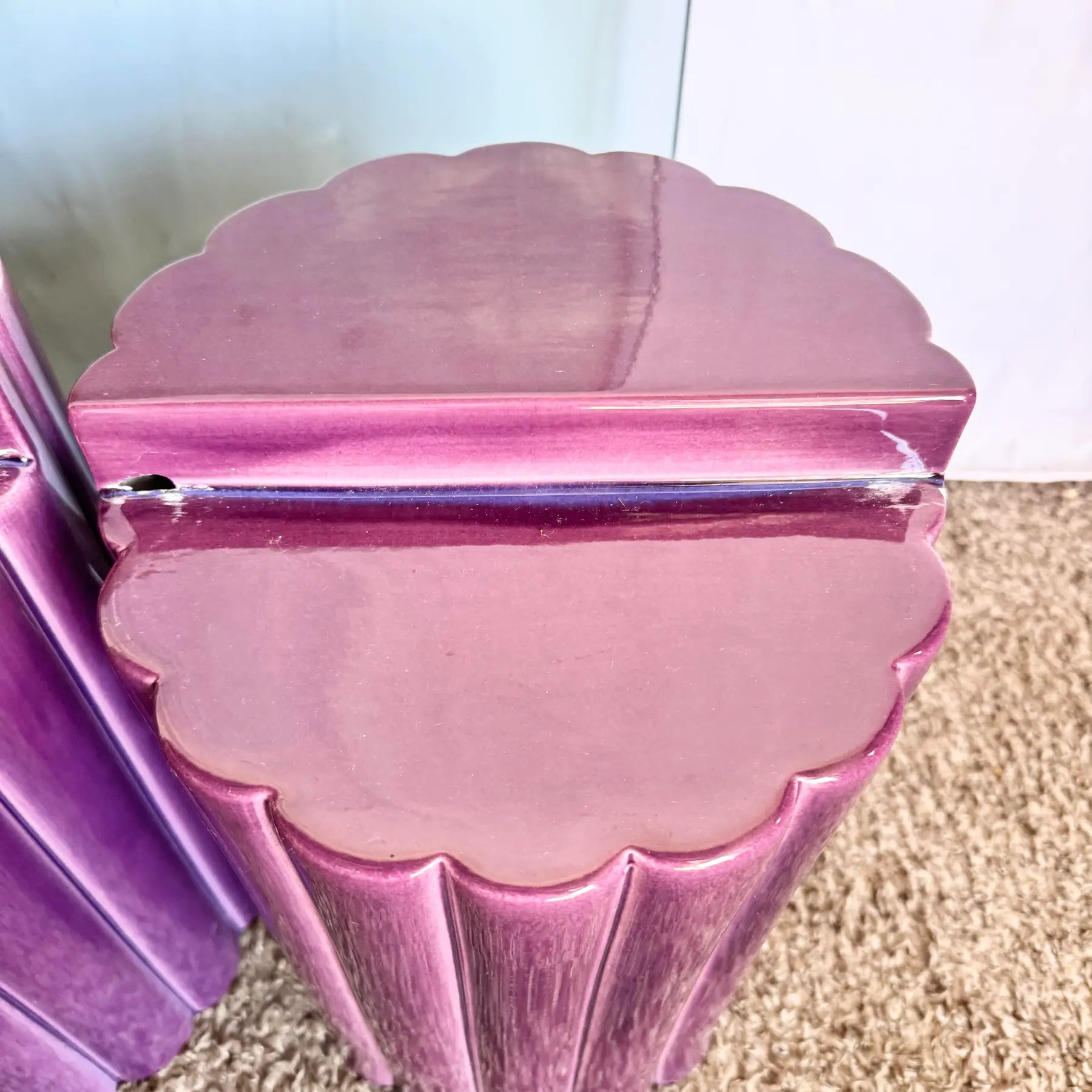 Postmodern Scalloped Purple Ceramic Glass Top Coffee Table